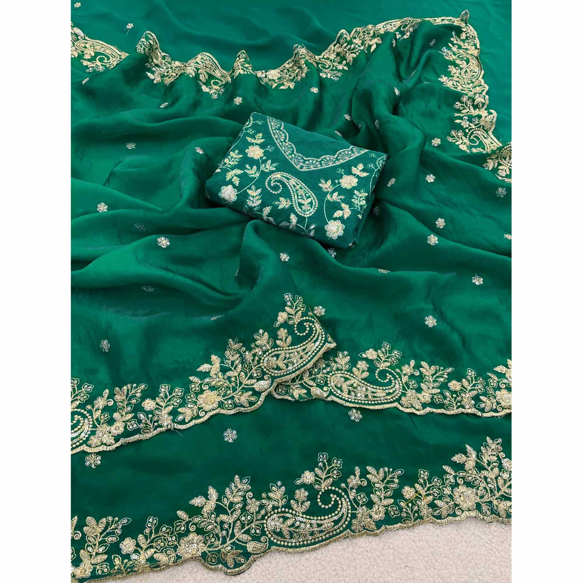 Green Partywear Organza Satin Silk Crush Saree with Delicate Floral Embroidery