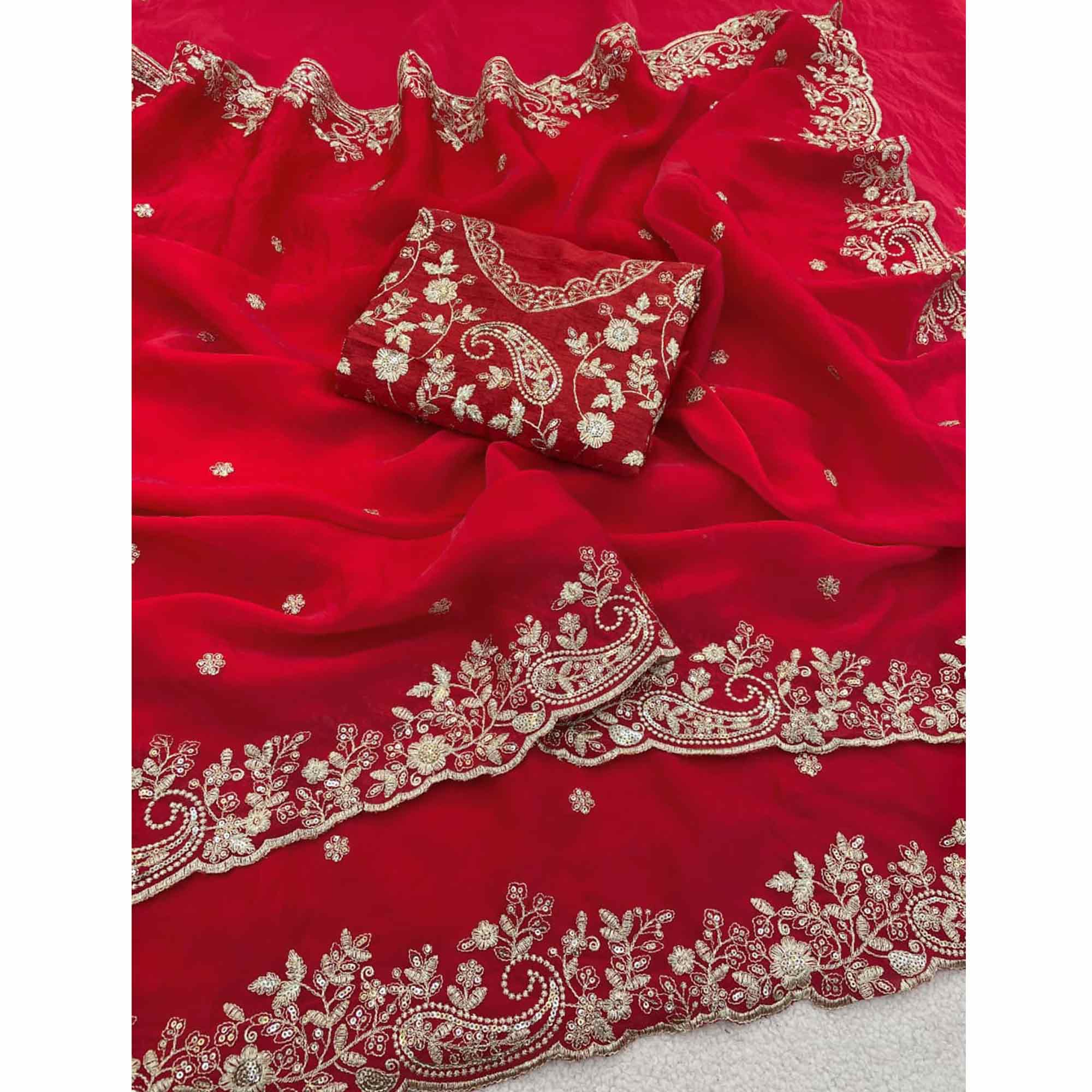 Red Partywear Organza Satin Silk Crush Saree with Delicate Floral Embroidery