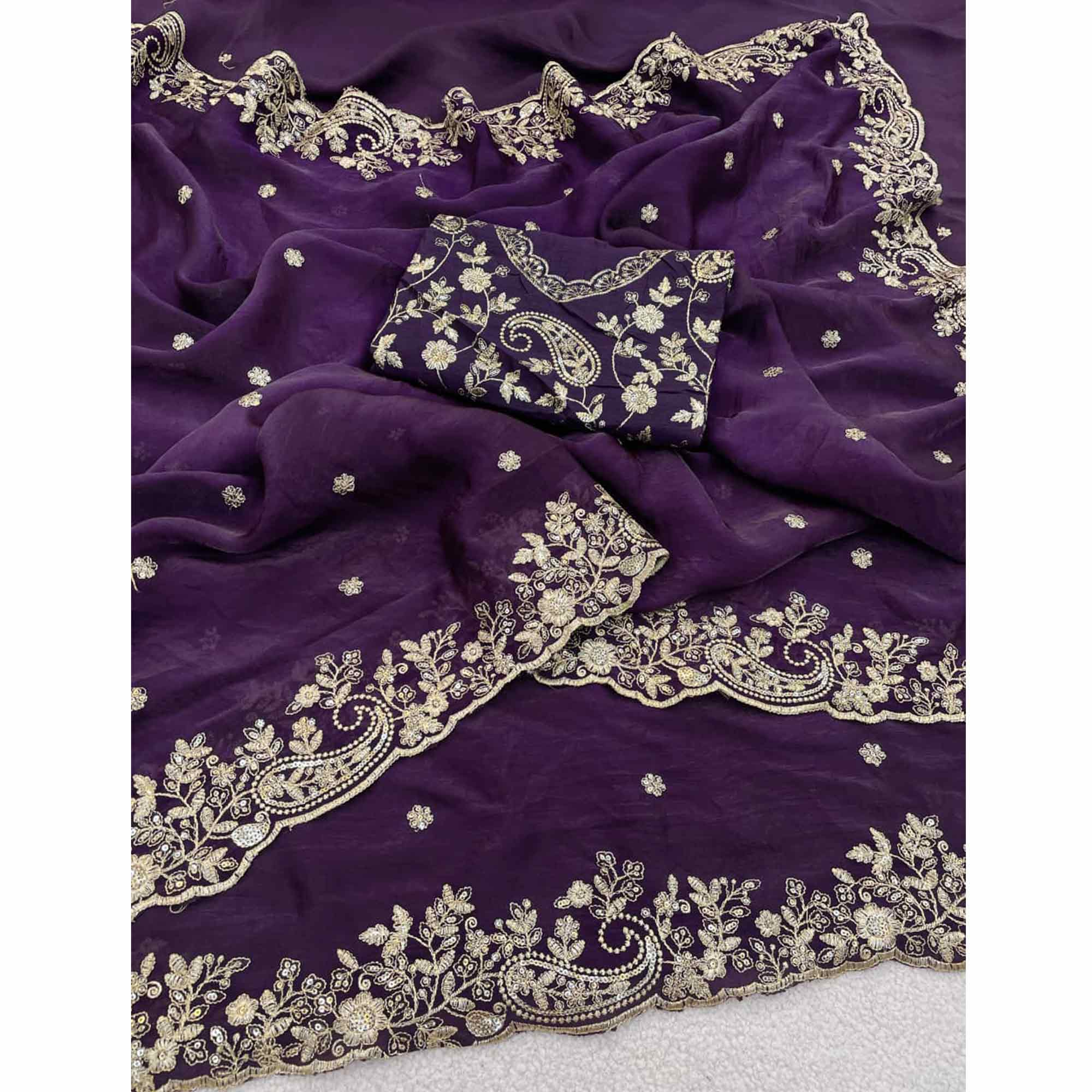 Violet Partywear Organza Satin Silk Crush Saree with Delicate Floral Embroidery