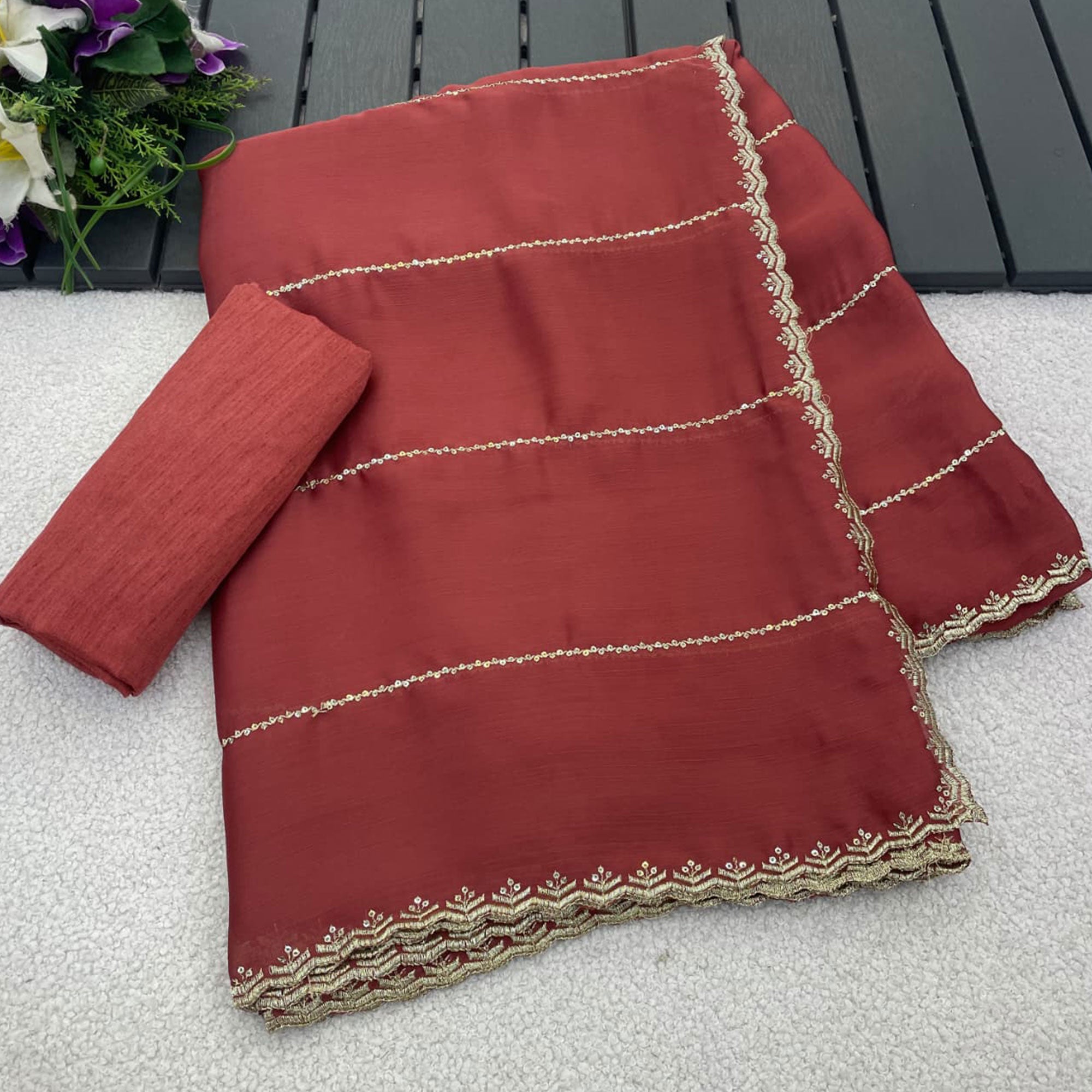 Brick Red Soft Satin Chiffon Saree Adorned with Intricate Sequins Detailing