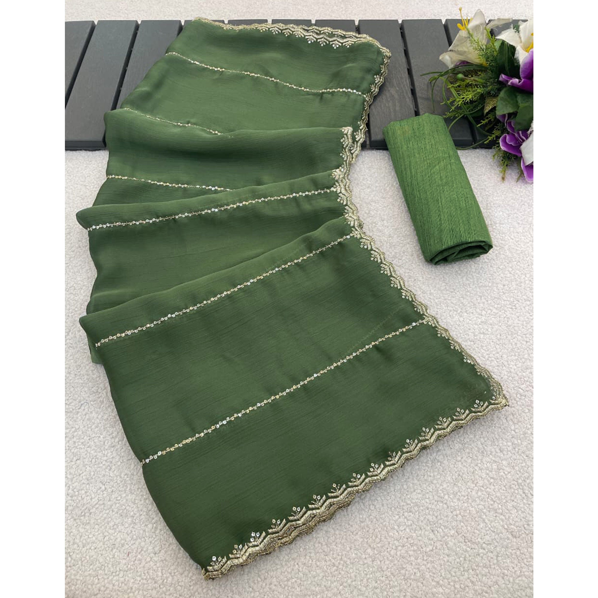 Green Soft Satin Chiffon Saree Adorned with Intricate Sequins Detailing