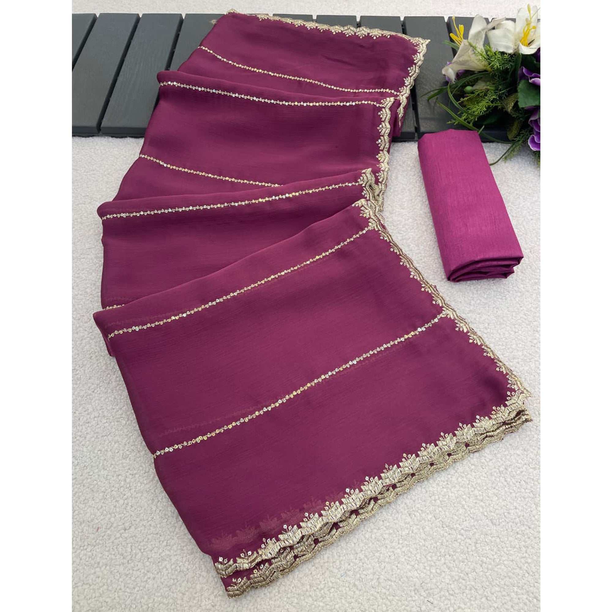 Mauve Soft Satin Chiffon Saree Adorned with Intricate Sequins Detailing