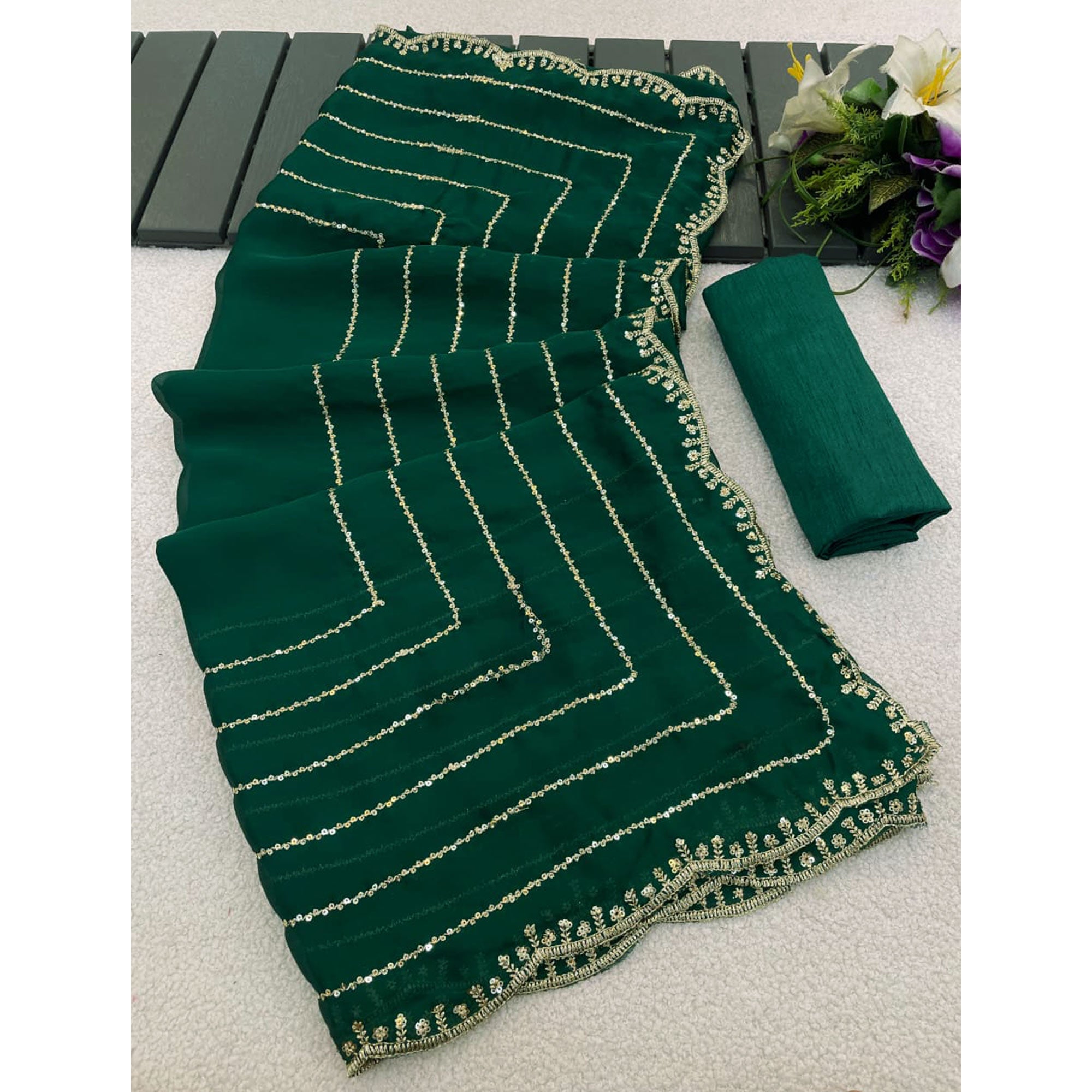 Green Soft Satin Chiffon Saree Embellished with Intricate Sequins Detailing