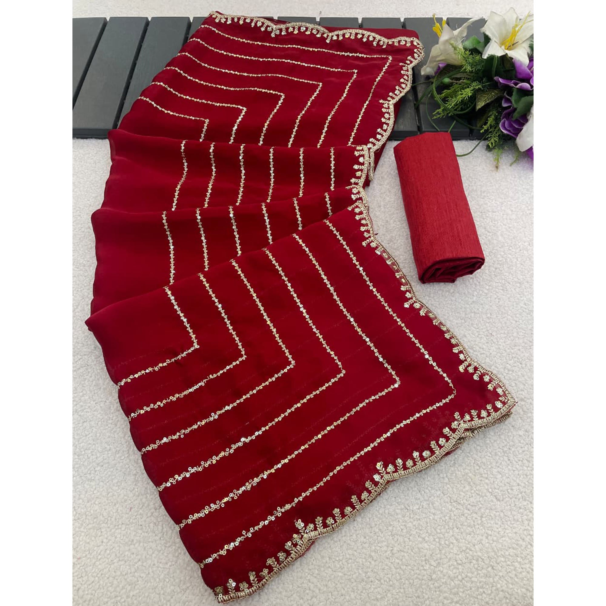 Maroon Soft Satin Chiffon Saree Embellished with Intricate Sequins Detailing