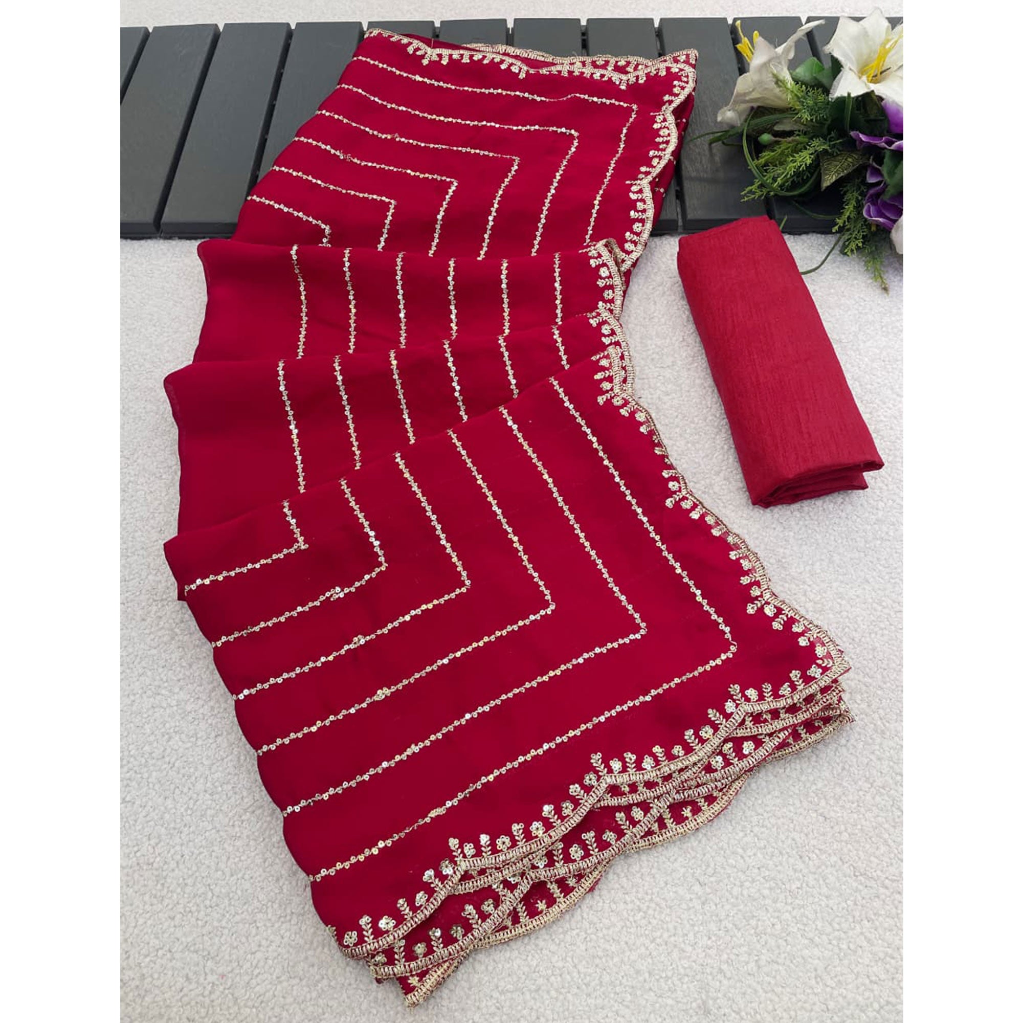 Pink Soft Satin Chiffon Saree Embellished with Intricate Sequins Detailing