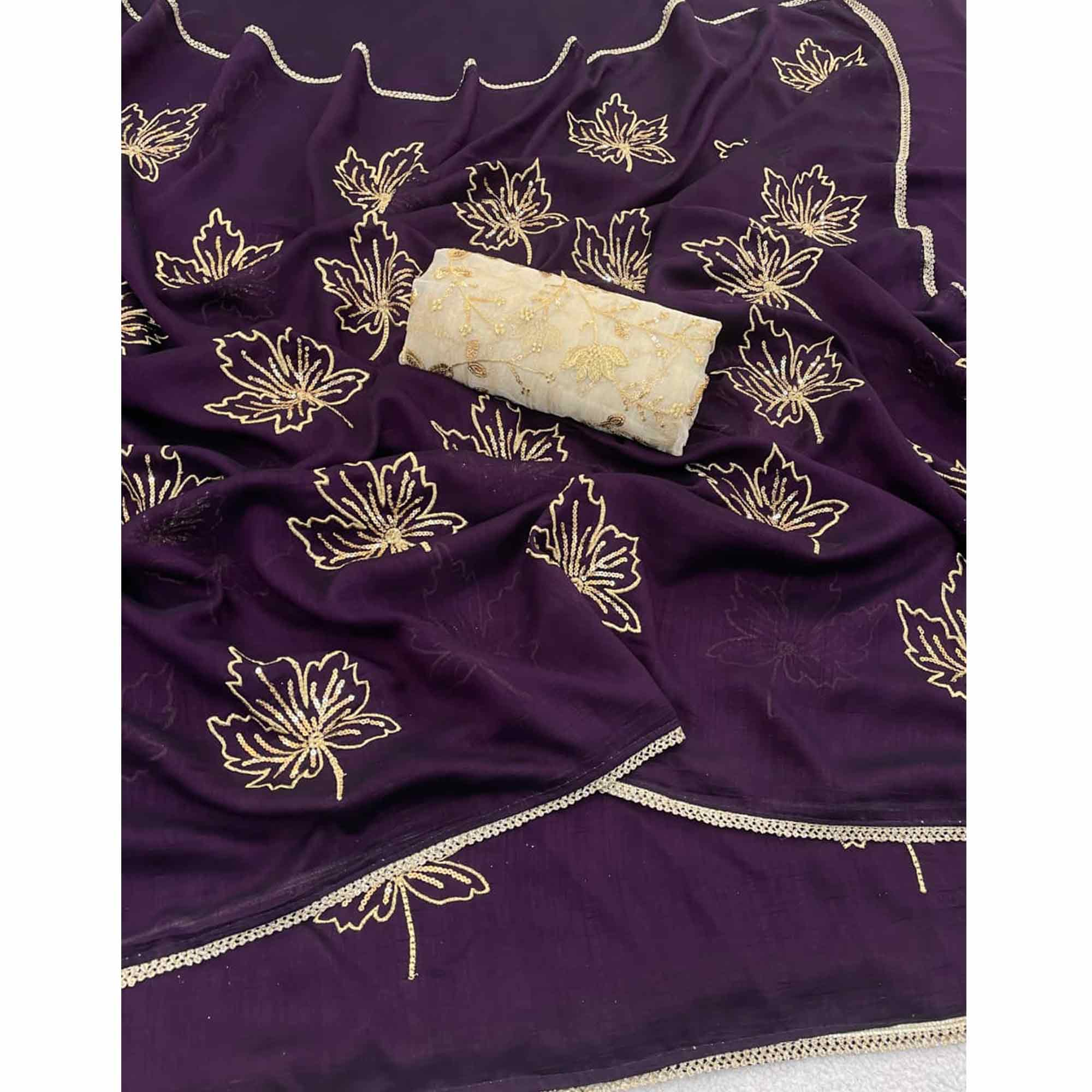 Glamorous Purple Sequin Embellished Saree in Premium Vichitra Silk