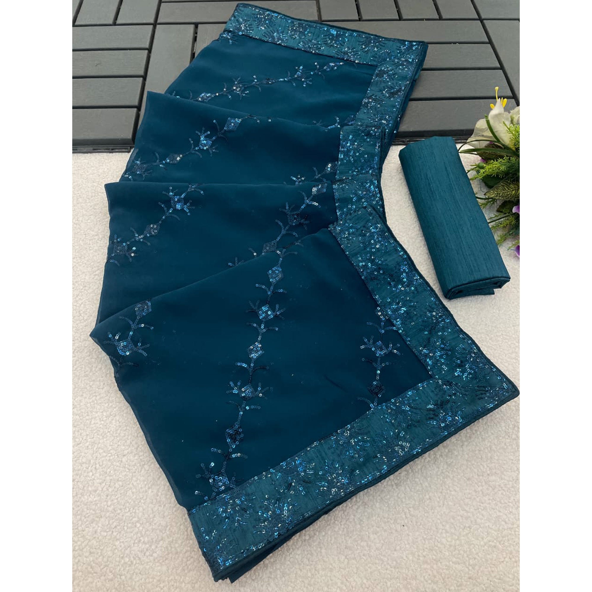 Teal Premium Vichitra Silk Saree Adorned with Shimmering Sequins Work