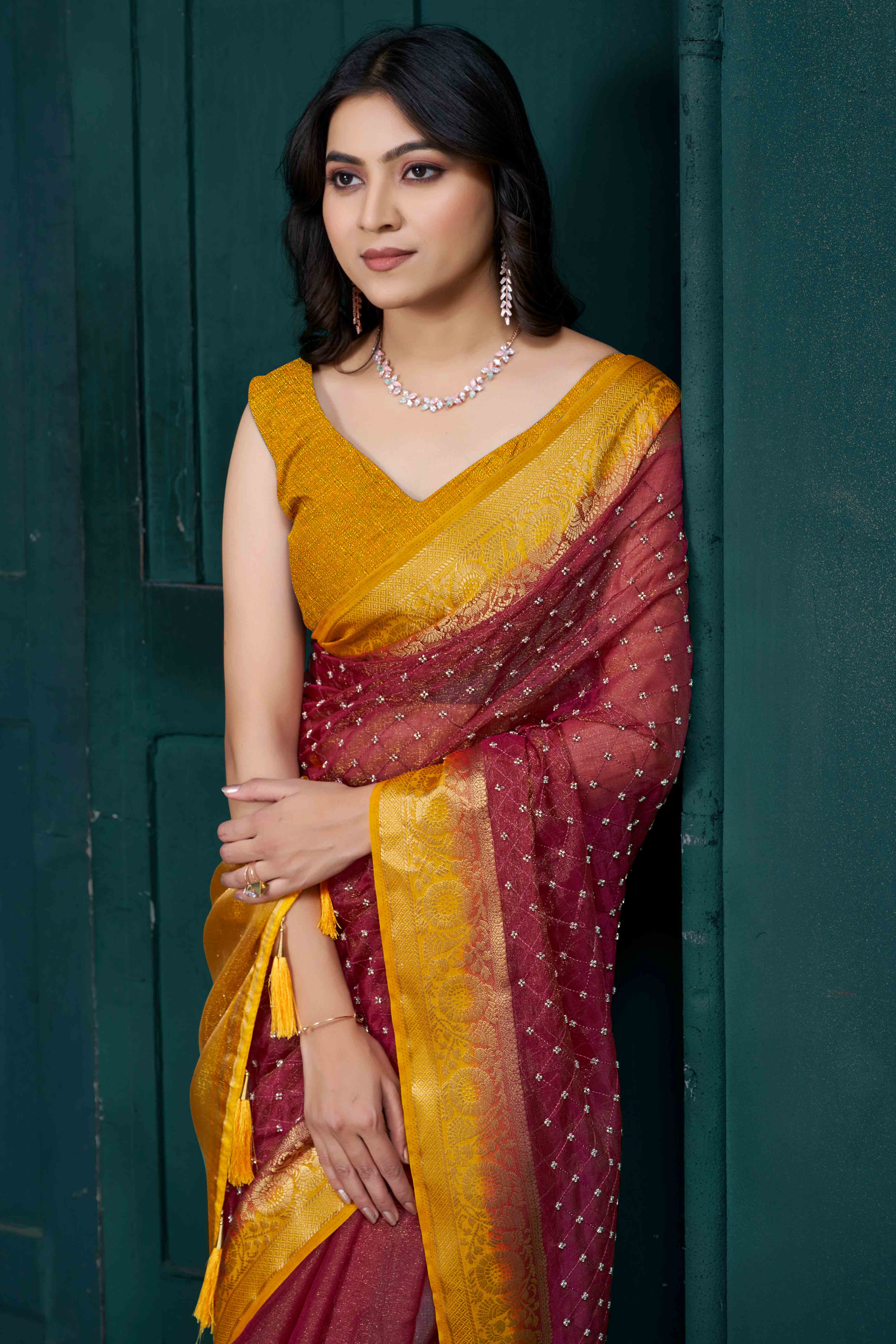 Maroon Jacquard Saree With Intricate Beads Handwork & Floral Weaving Border