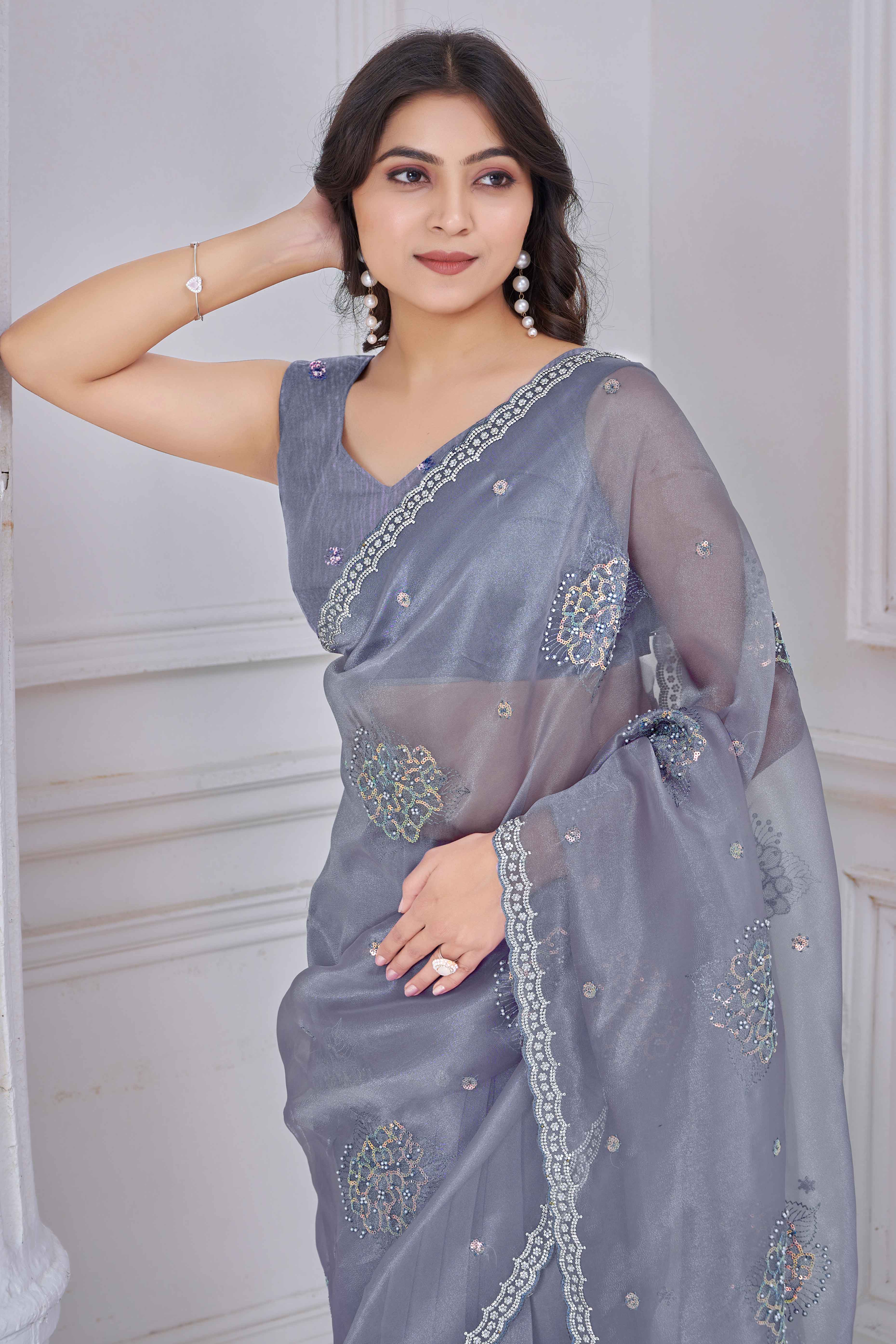 Greyish Blue Sequins & Moti Work Organza Saree With Elegant Zarkan Border Detailing