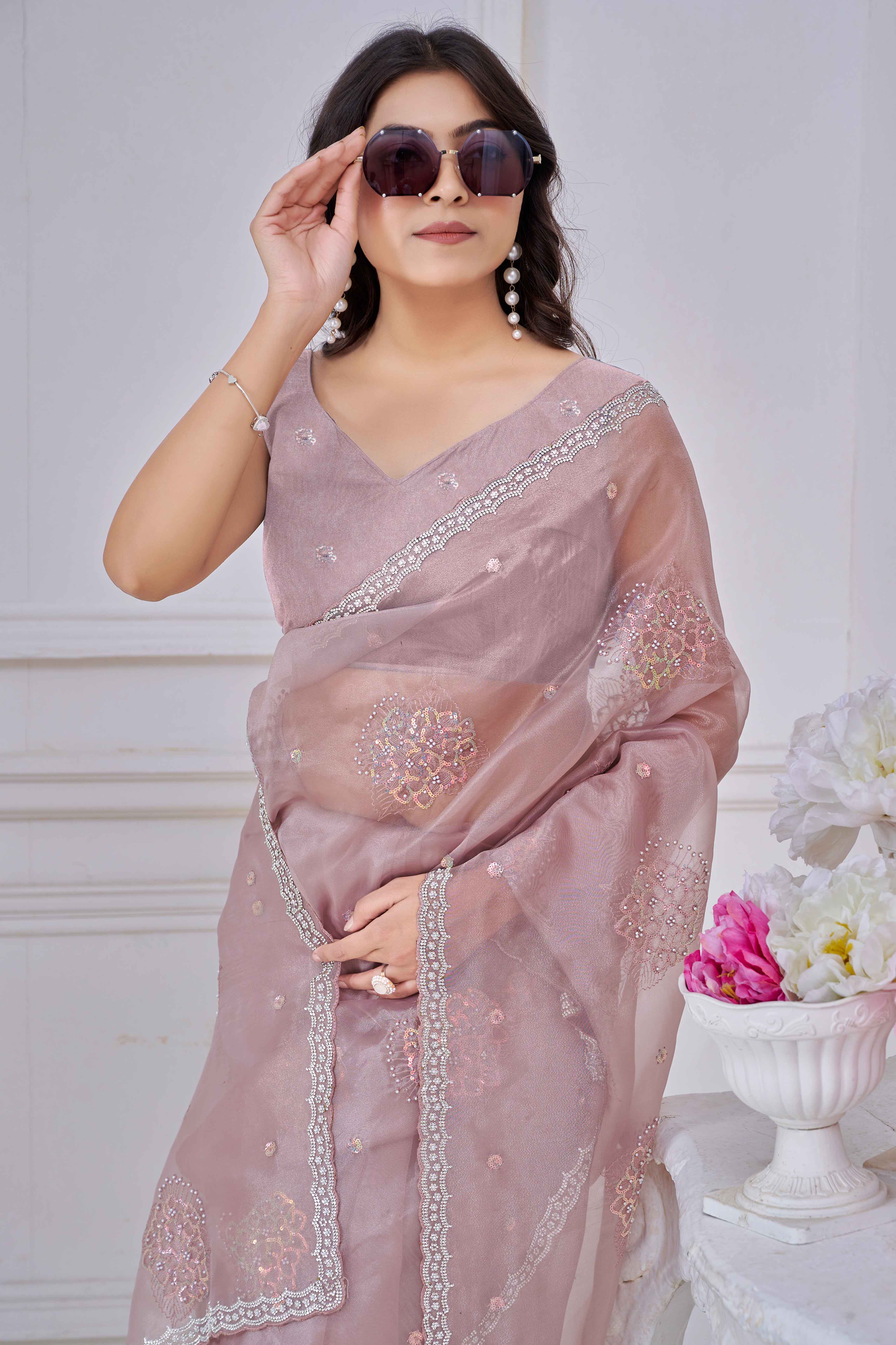Onion Pink Sequins & Moti Work Organza Saree With Elegant Zarkan Border Detailing