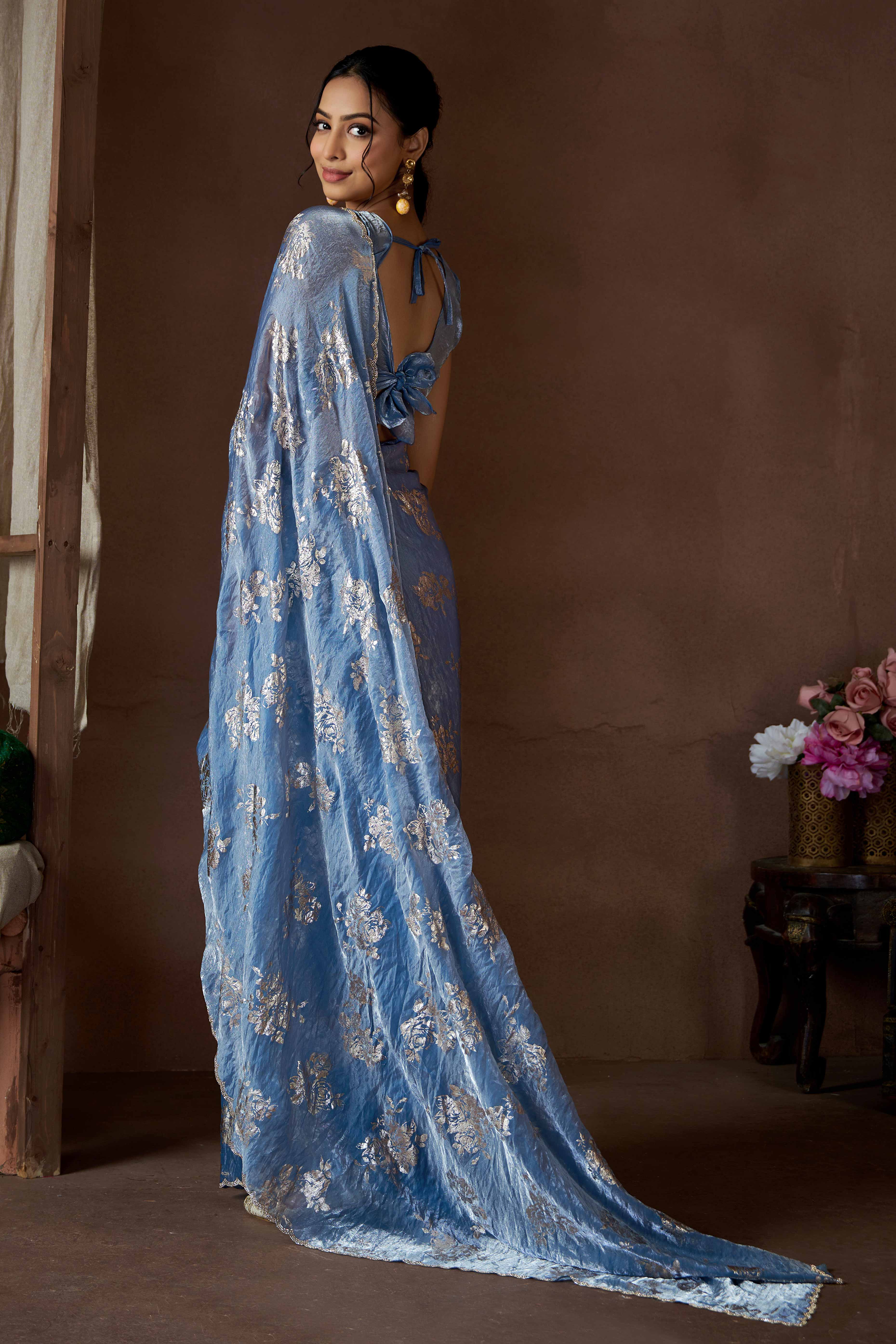 Blue Floral Foil Printed Satin Silk Saree With Zarkan Border