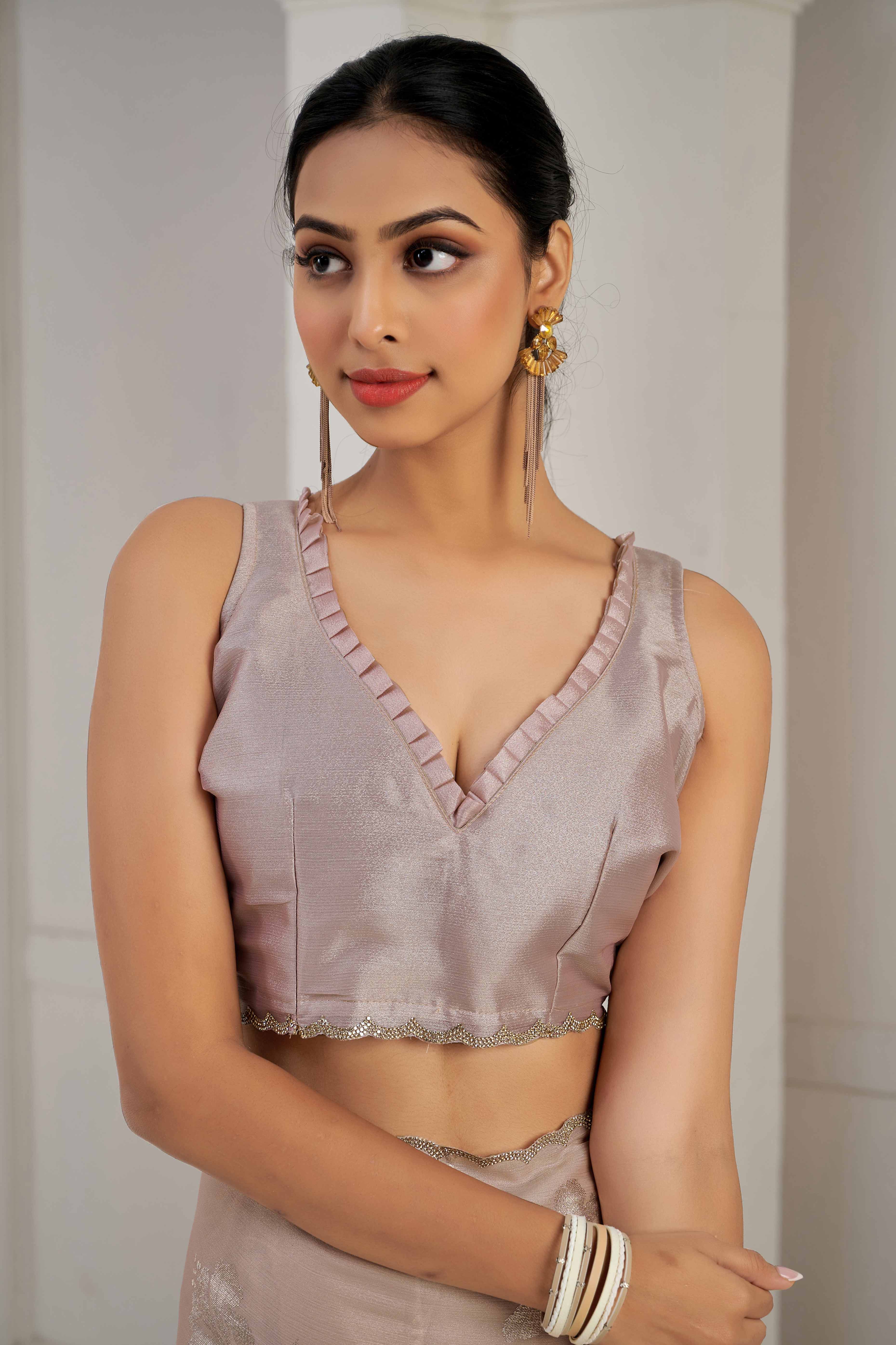 Beige Floral Printed Stone Work Satin Saree