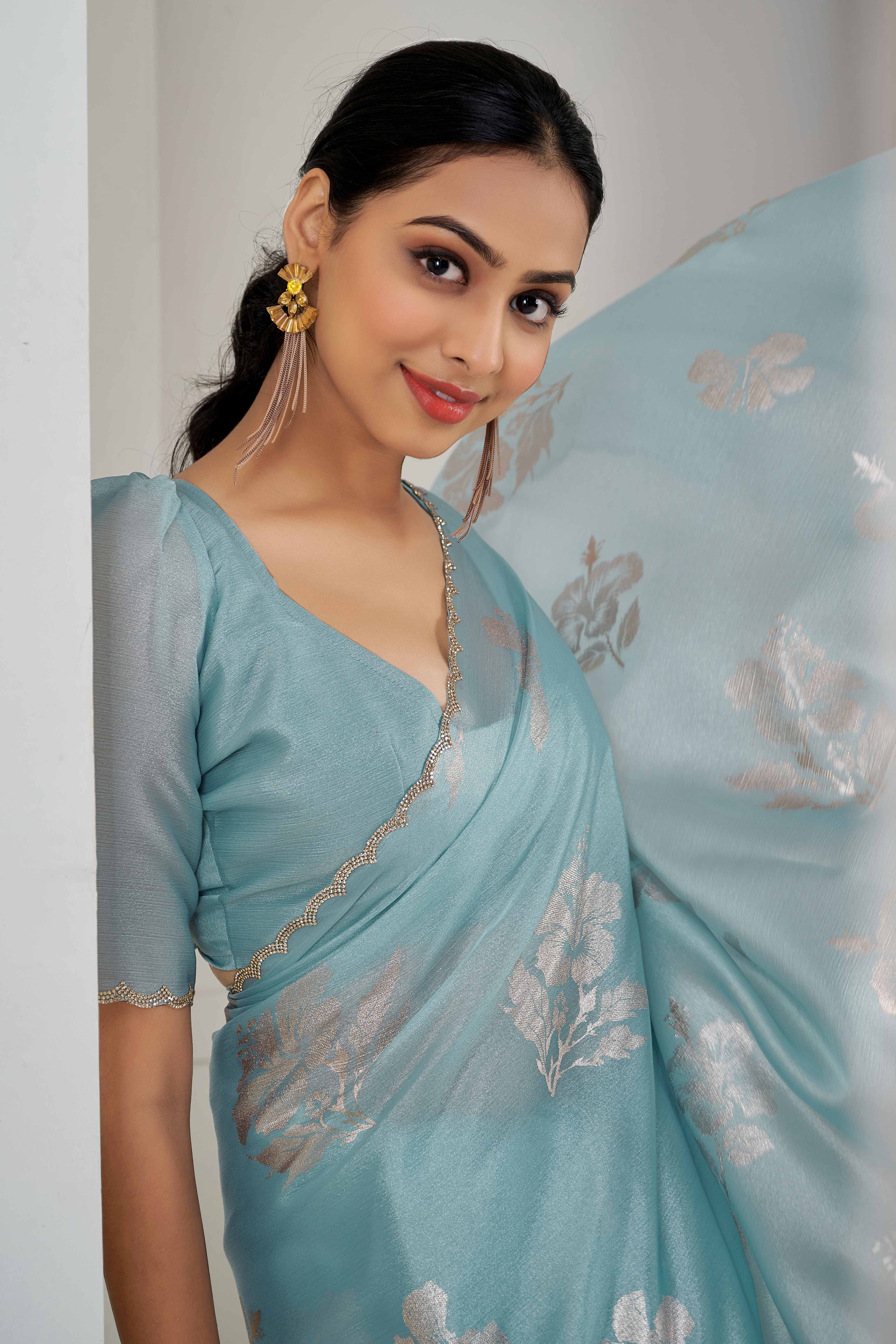 Sky Blue Floral Printed Stone Work Satin Saree