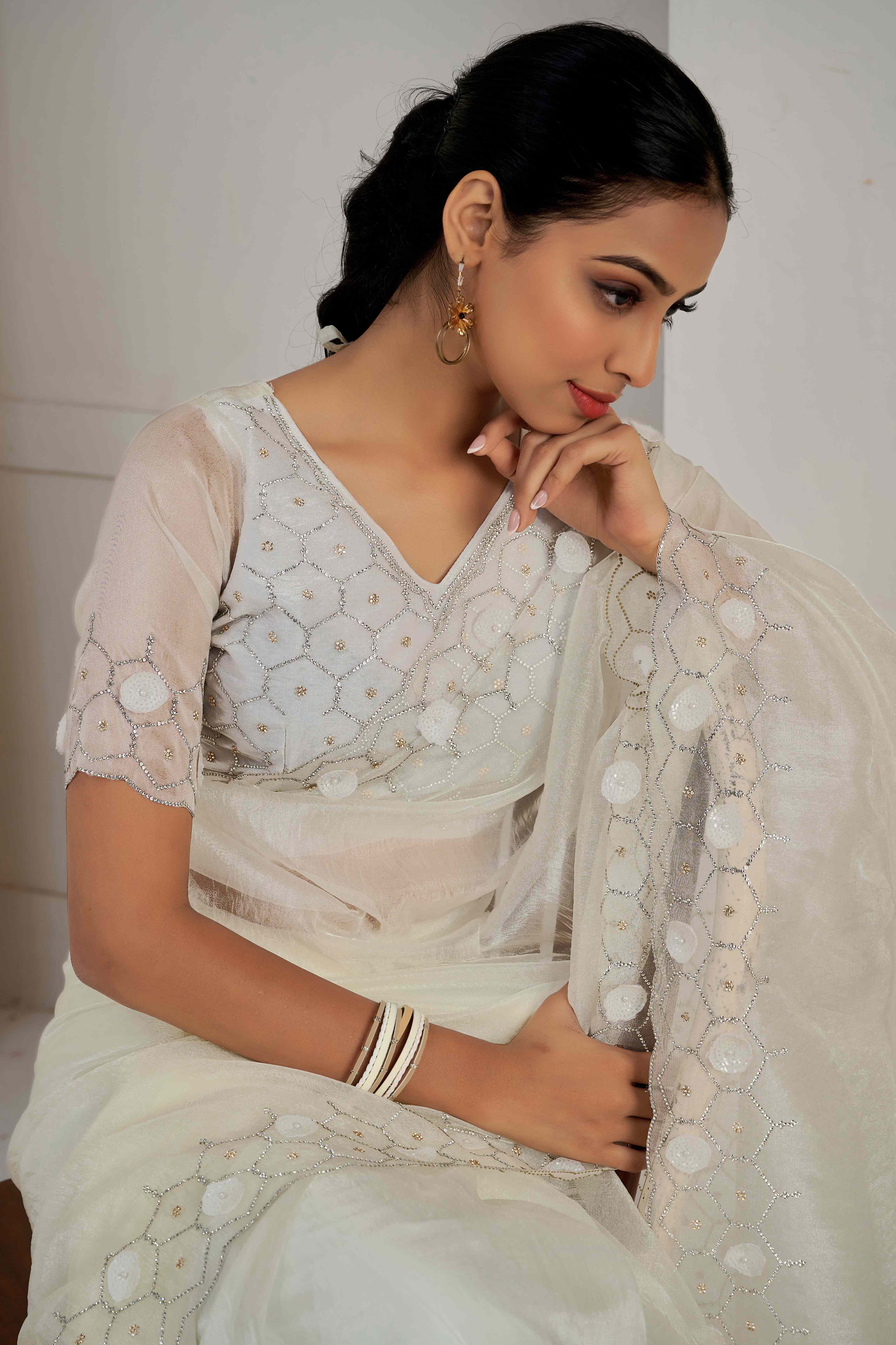 White Stone Work Soft Organza Saree