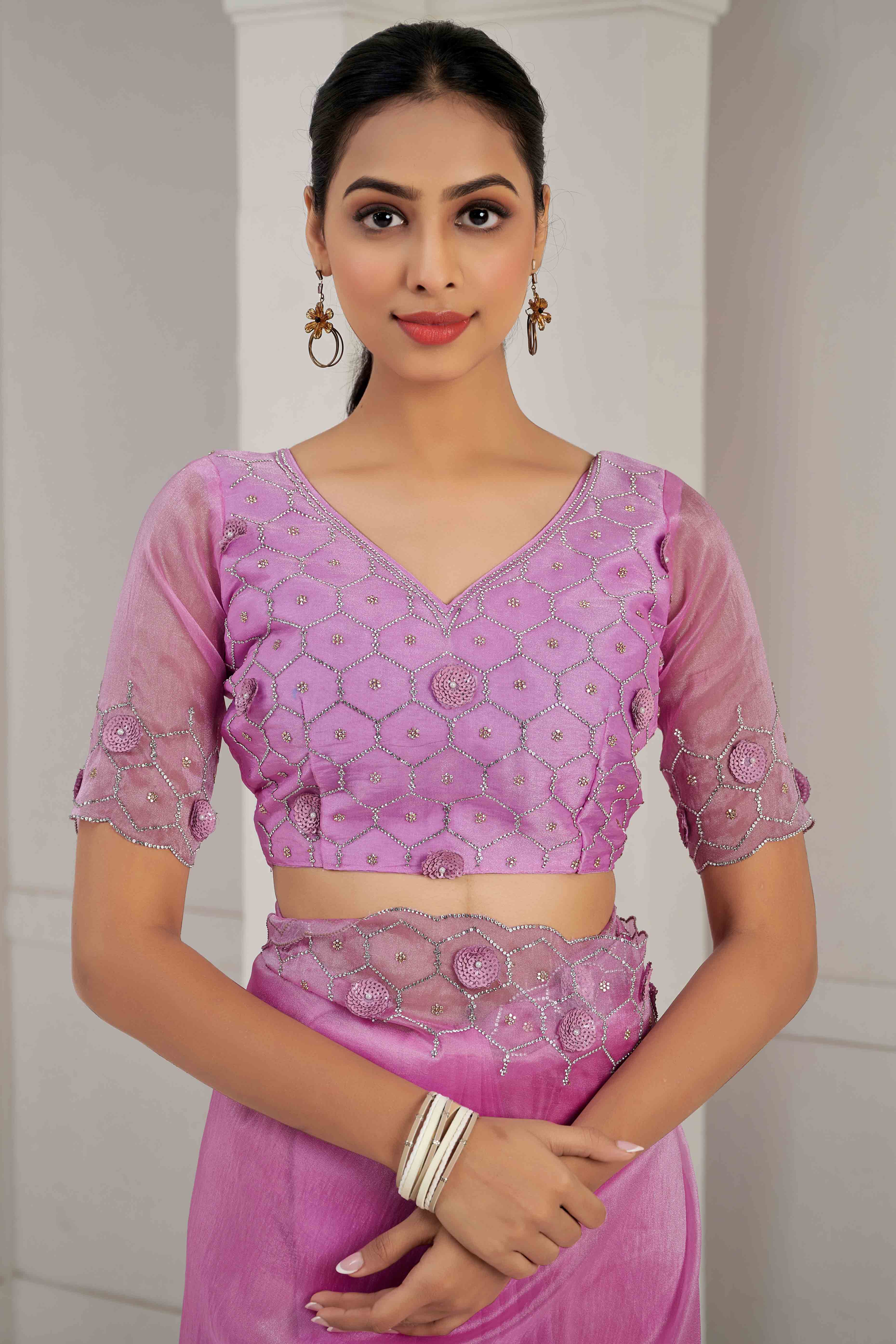 Pink Stone Work Soft Organza Saree