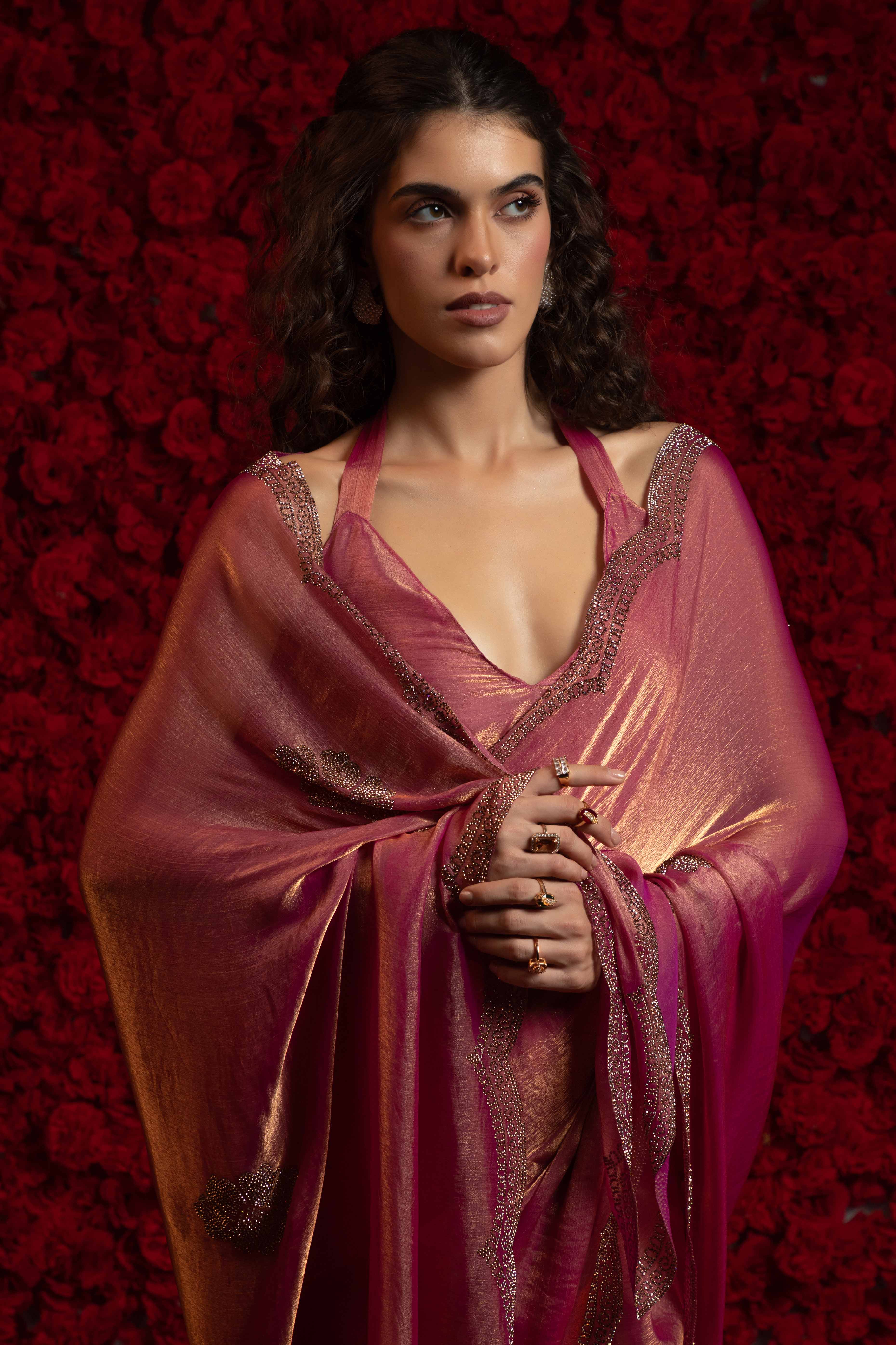 Magenta Stone Work Embellished Satin Chiffon Partywear Saree