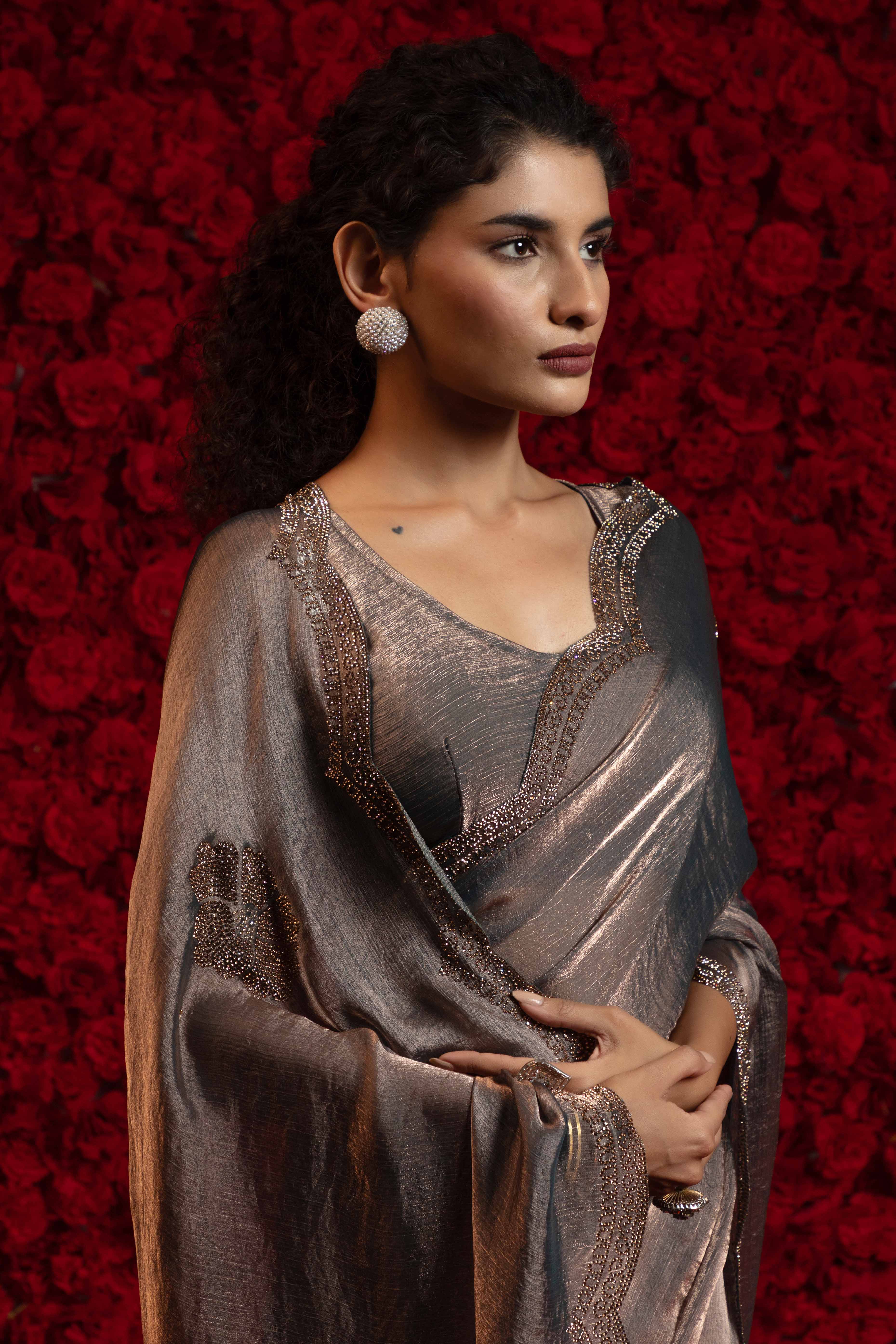 Silver Grey Stone Work Embellished Satin Chiffon Partywear Saree