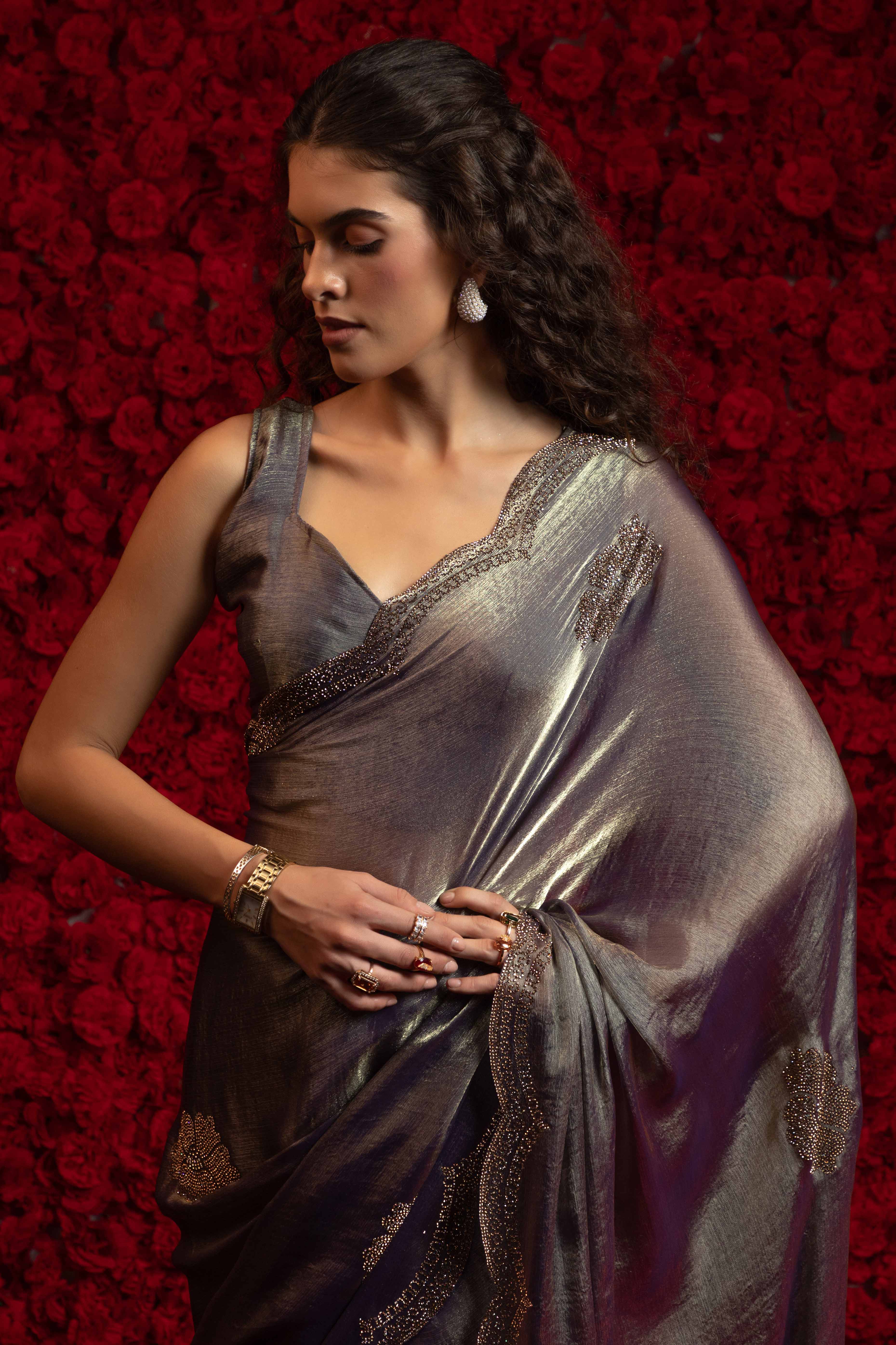 Charcoal Grey Stone Work Embellished Satin Chiffon Partywear Saree