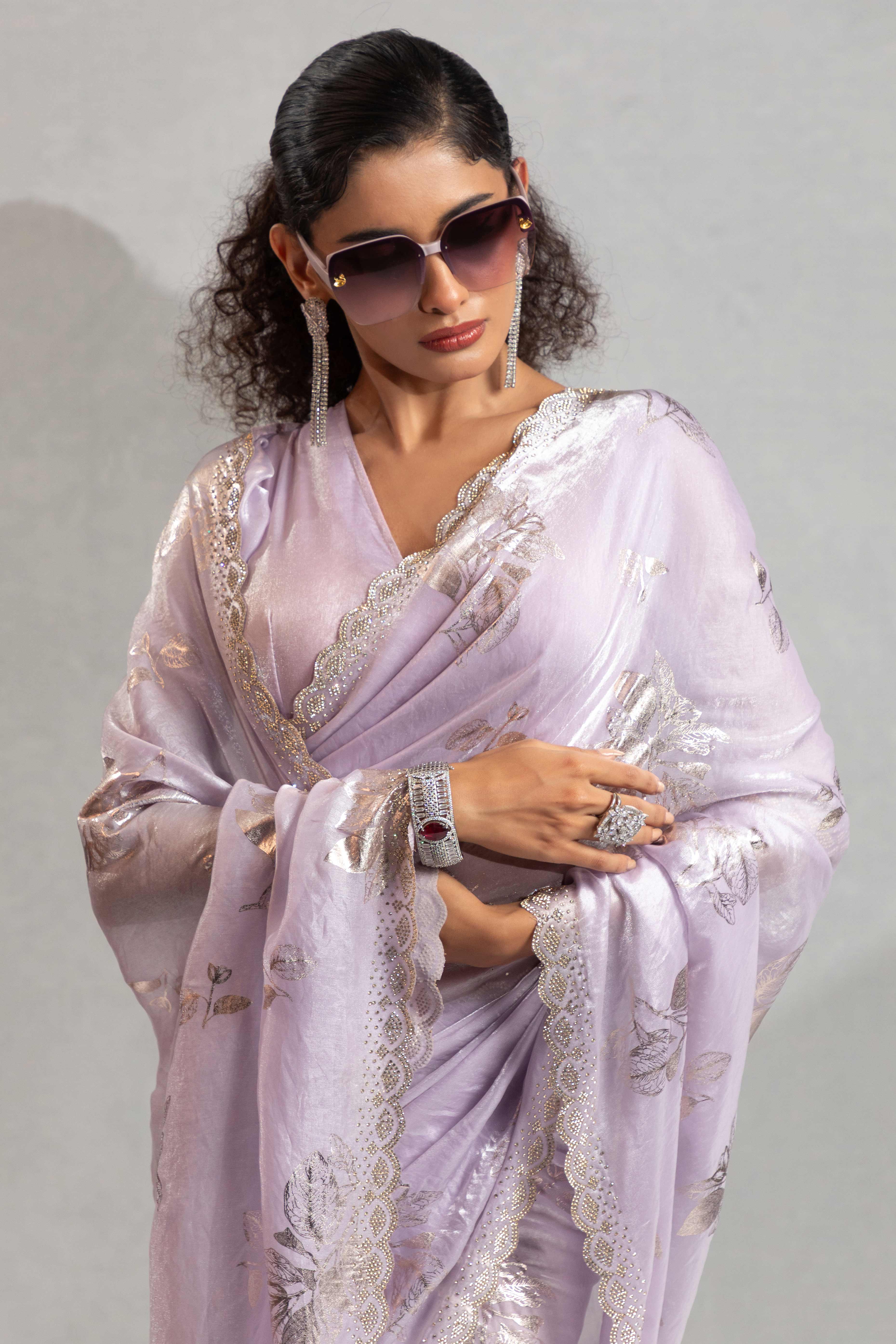 Designer Lavender Satin Silk Saree Adorned with Foil & Stone Embellishments