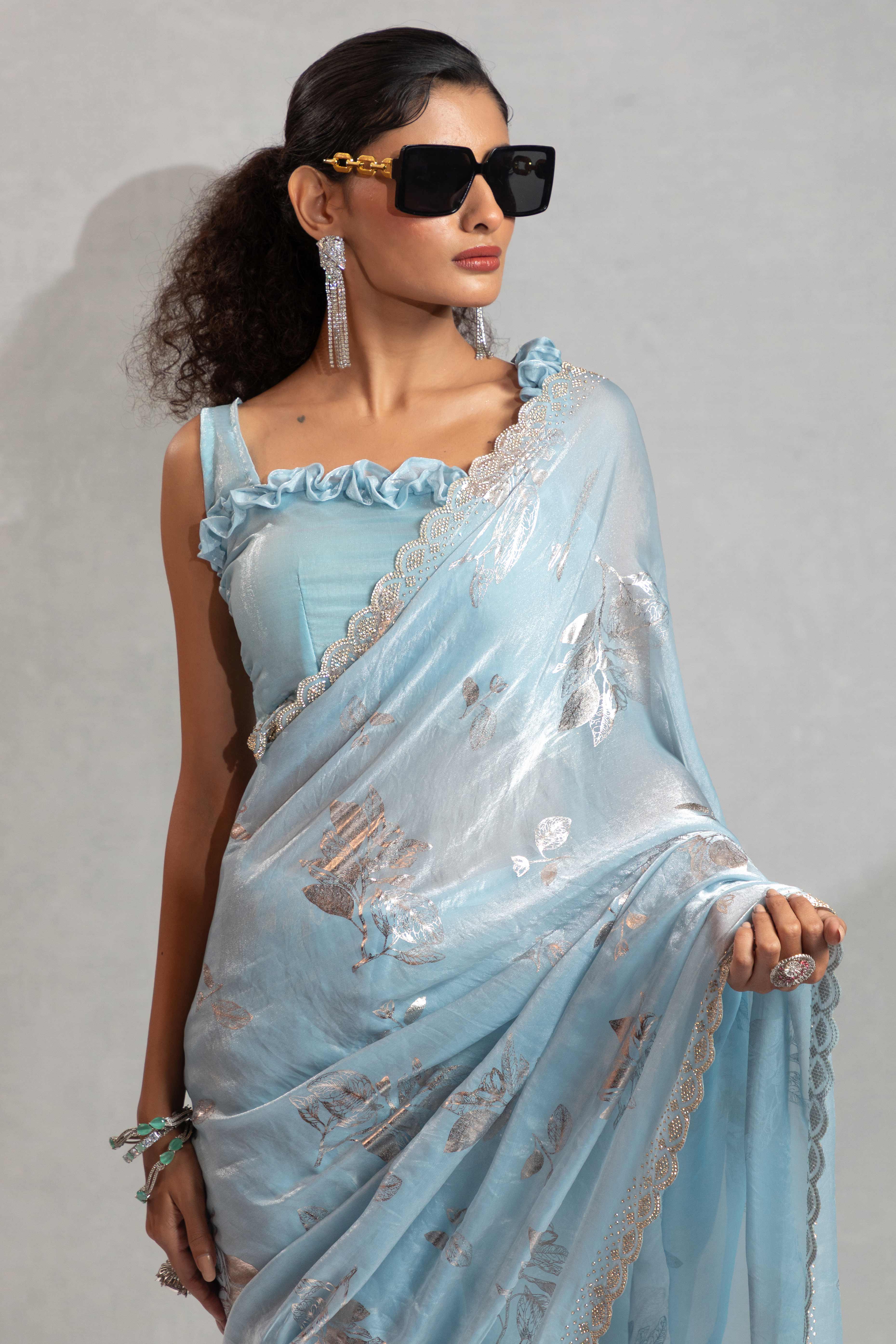Designer Sky Blue Satin Silk Saree Adorned with Foil & Stone Embellishments