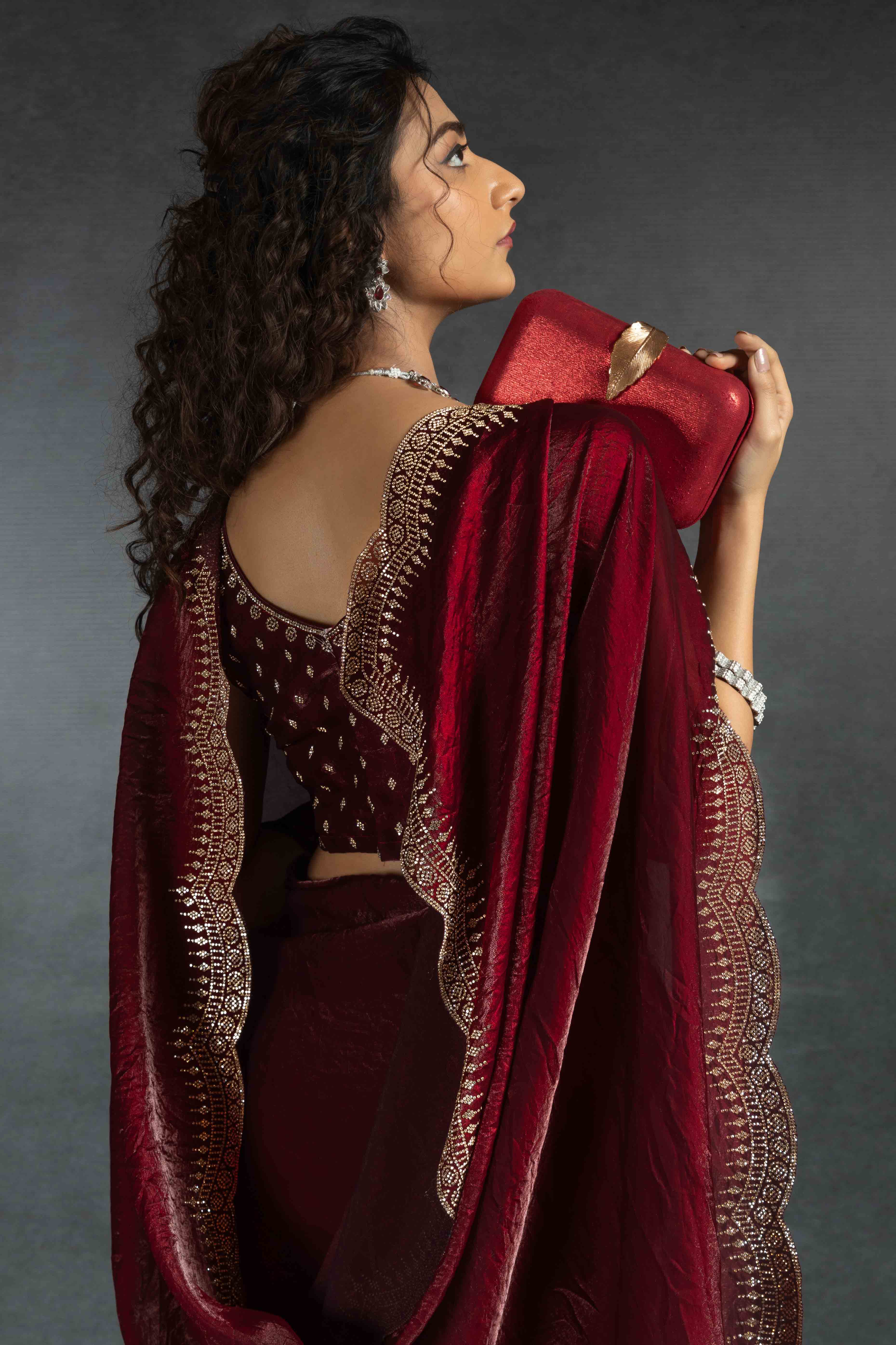 Maroon Satin Saree Embellished with Stones for a Party Look