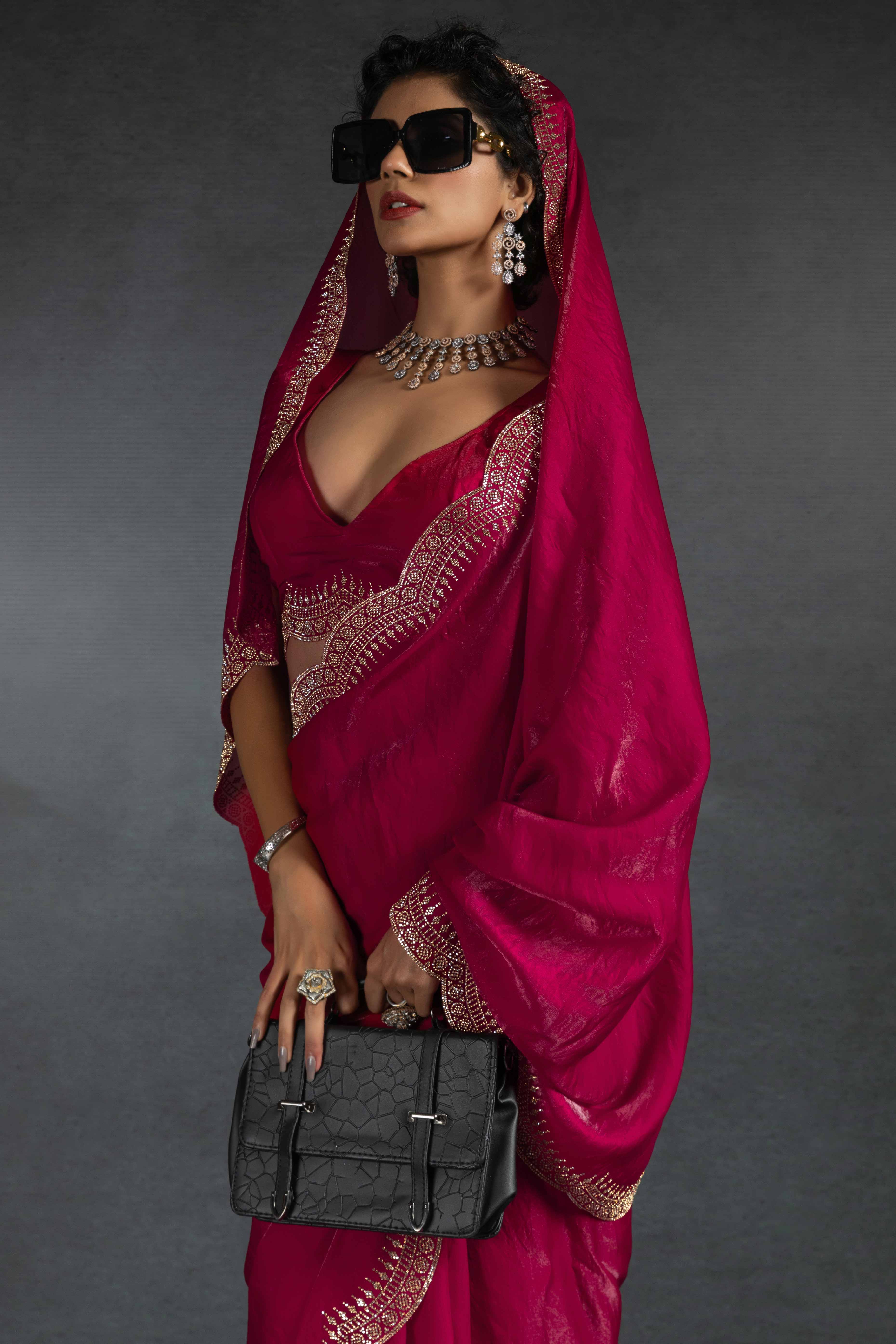 Pink Satin Saree Embellished with Stones for a Party Look