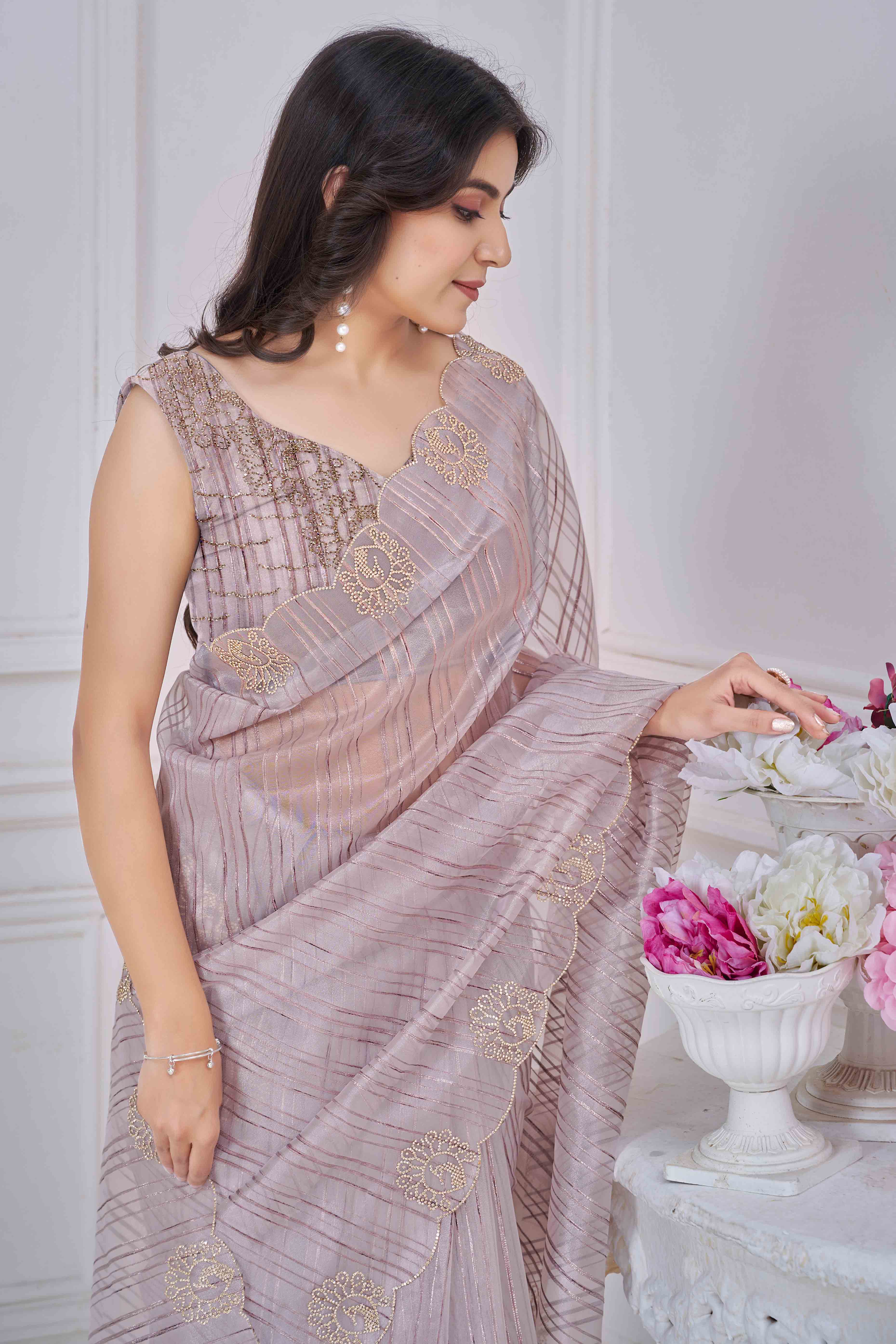 Lilac Grey Cotton Blend Saree with Modern Stripes and Delicate Stone Embroidery