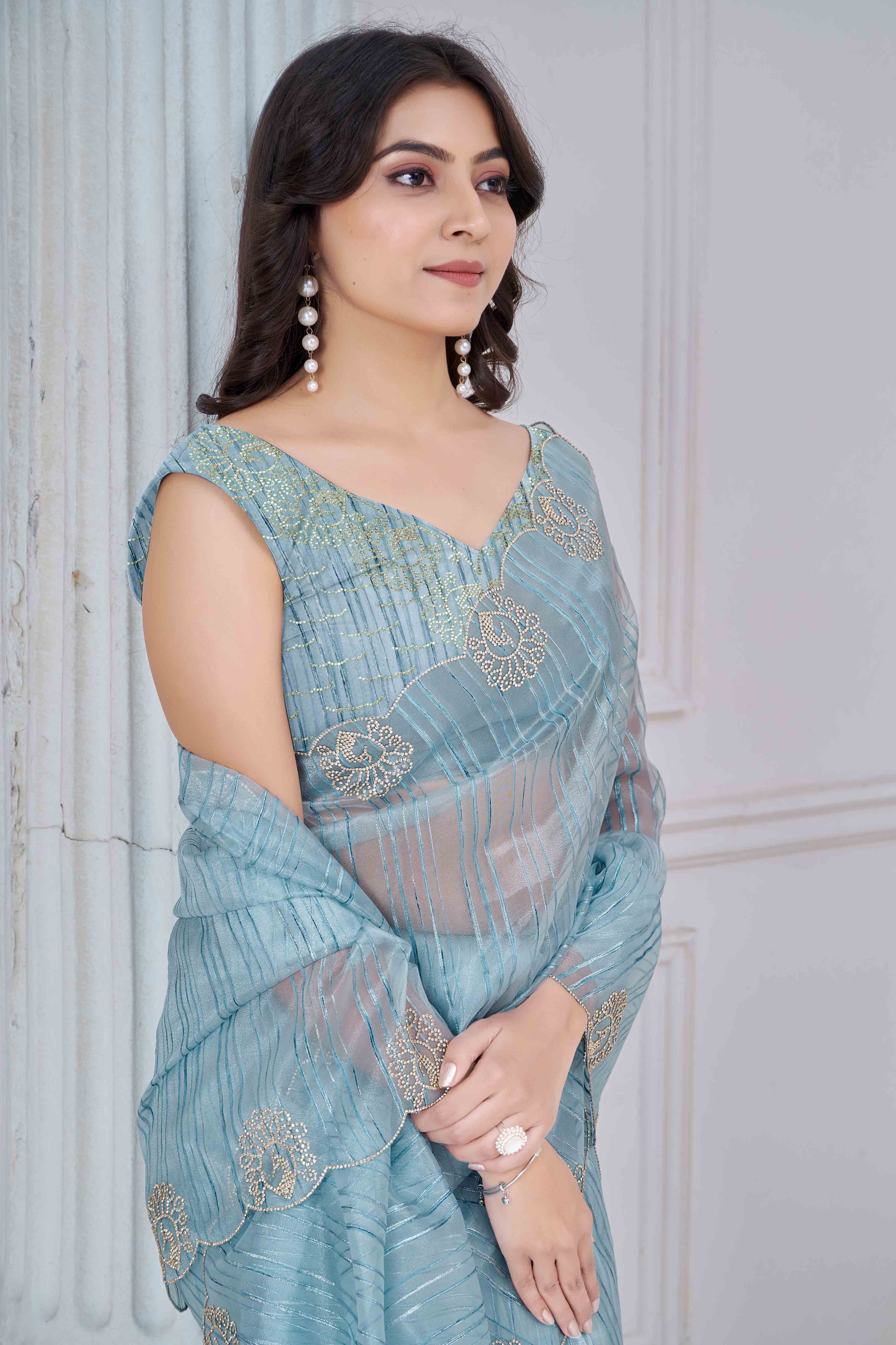 Sky Blue Cotton Blend Saree with Modern Stripes and Delicate Stone Embroidery