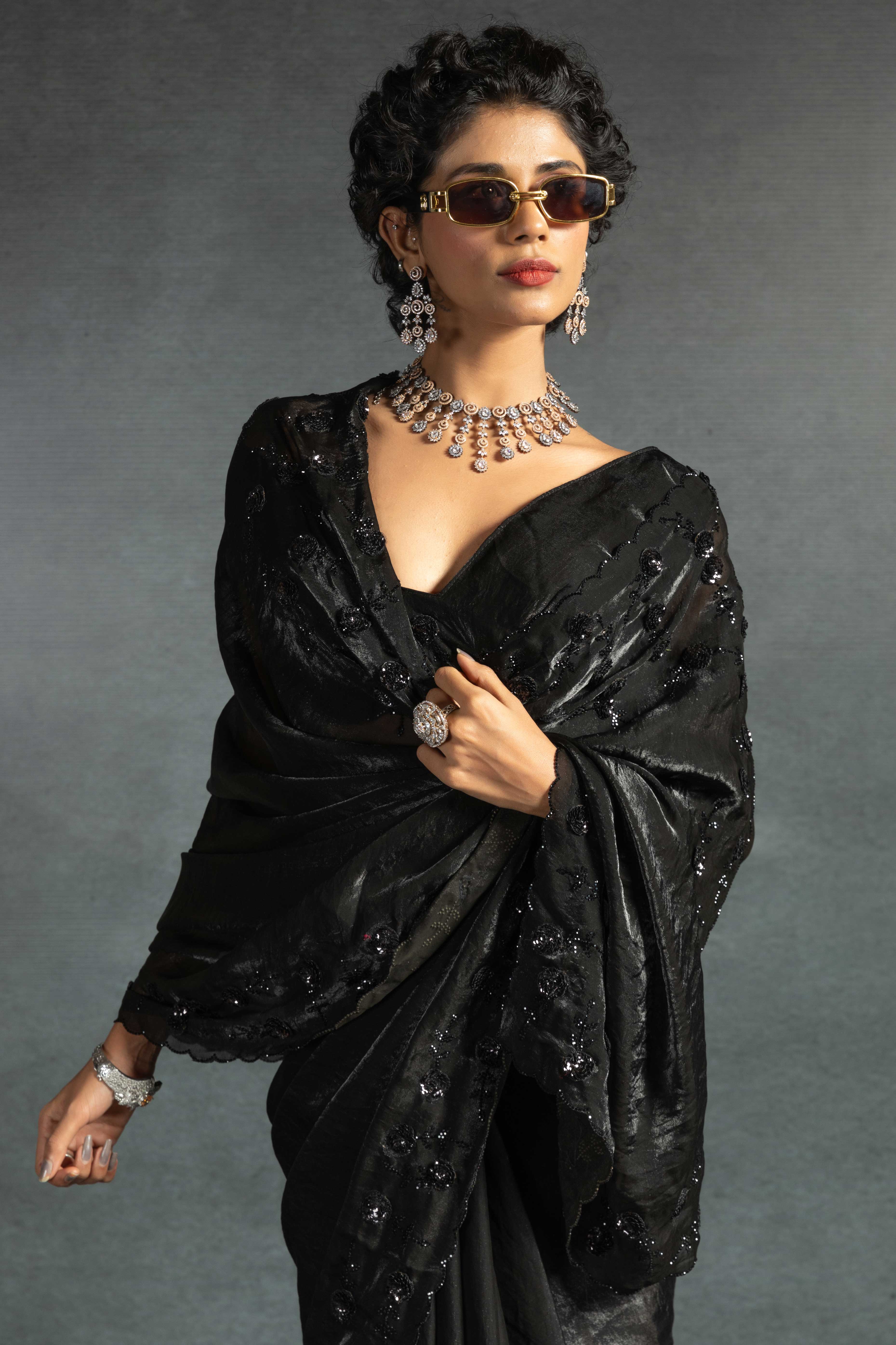 Black Satin Saree with Stone and Sequin Embellishment