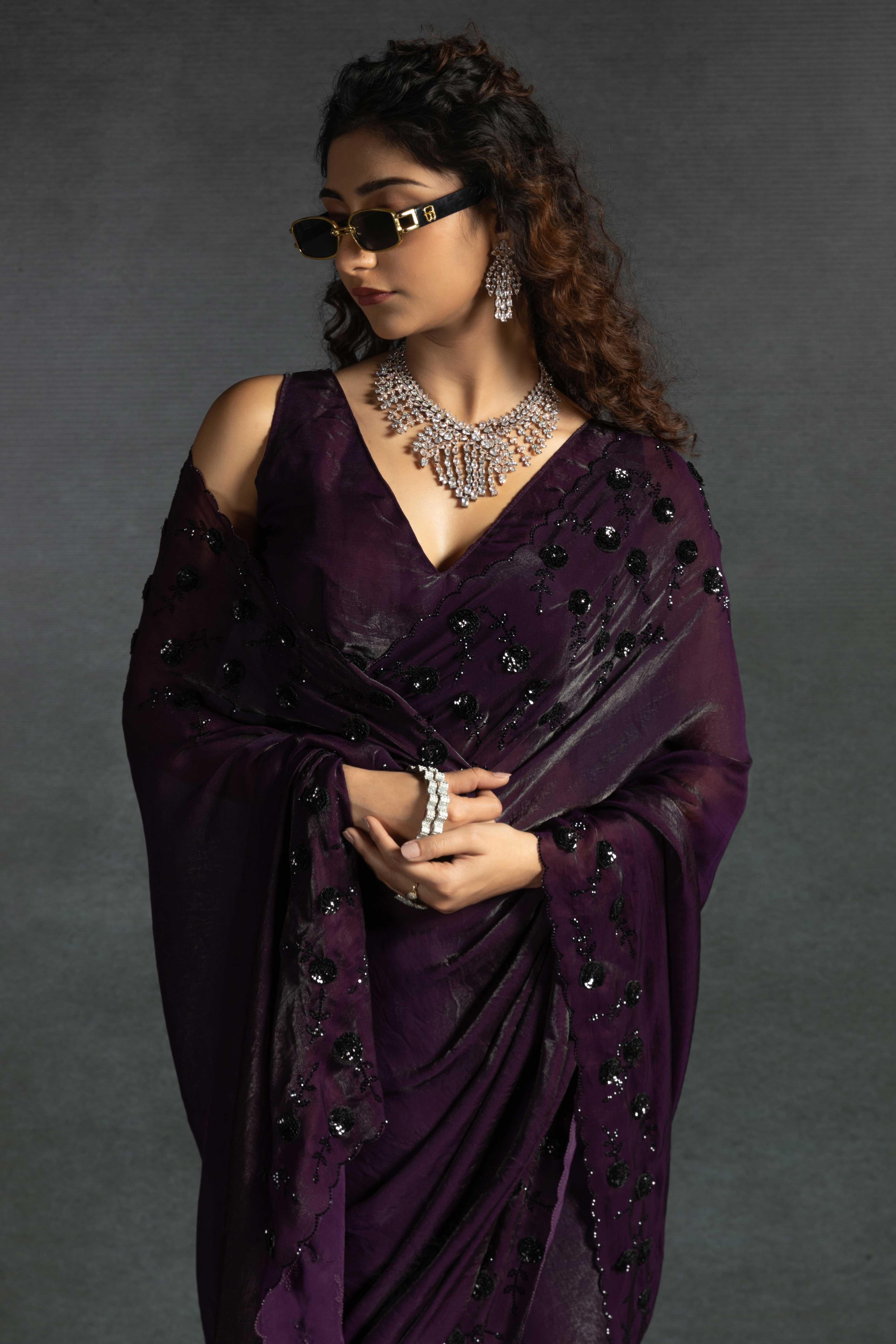 Dark Purple Satin Saree with Stone and Sequin Embellishment