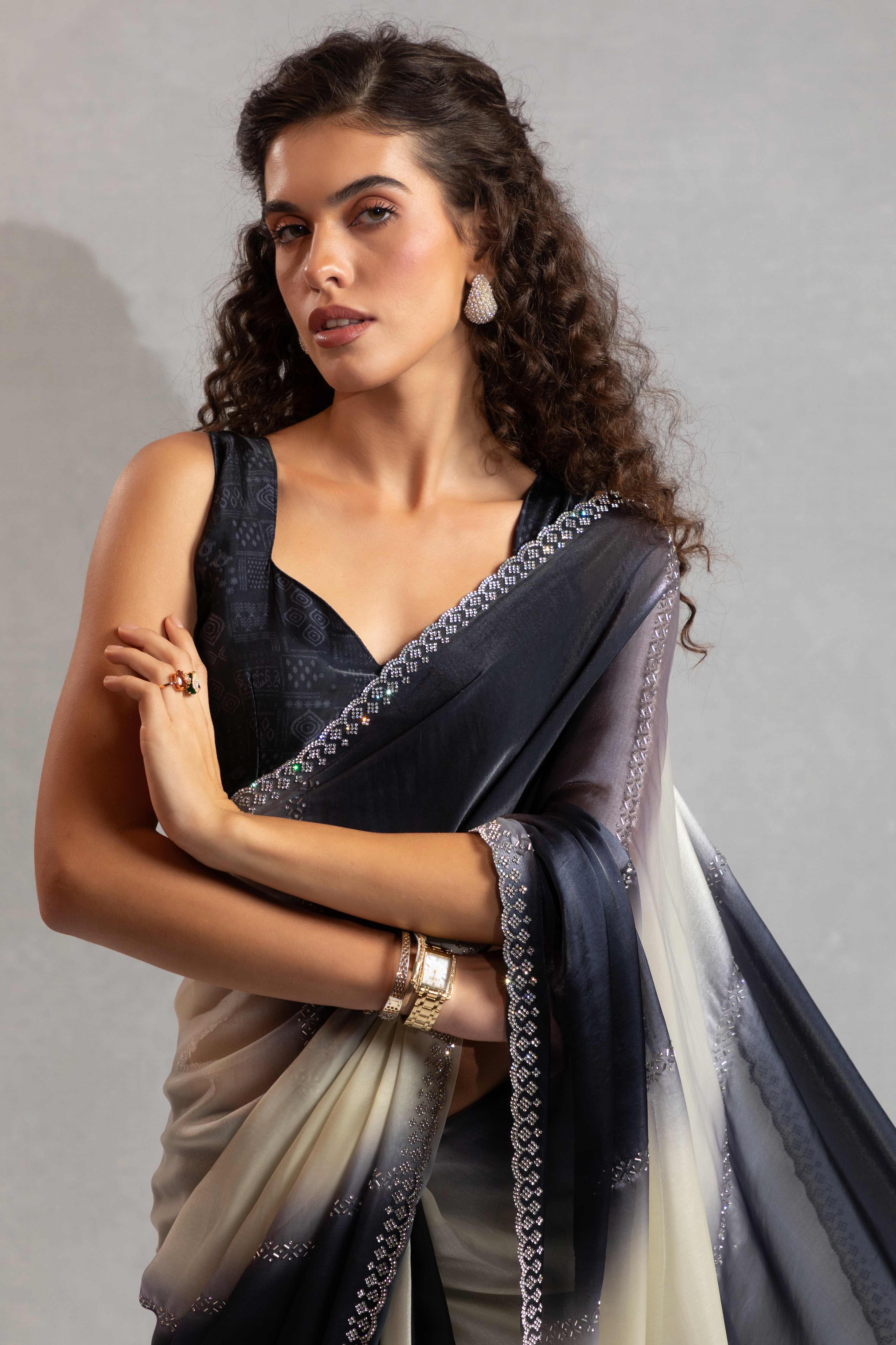 Black & Off White Satin Silk Saree Decorated With Stone Embellishments