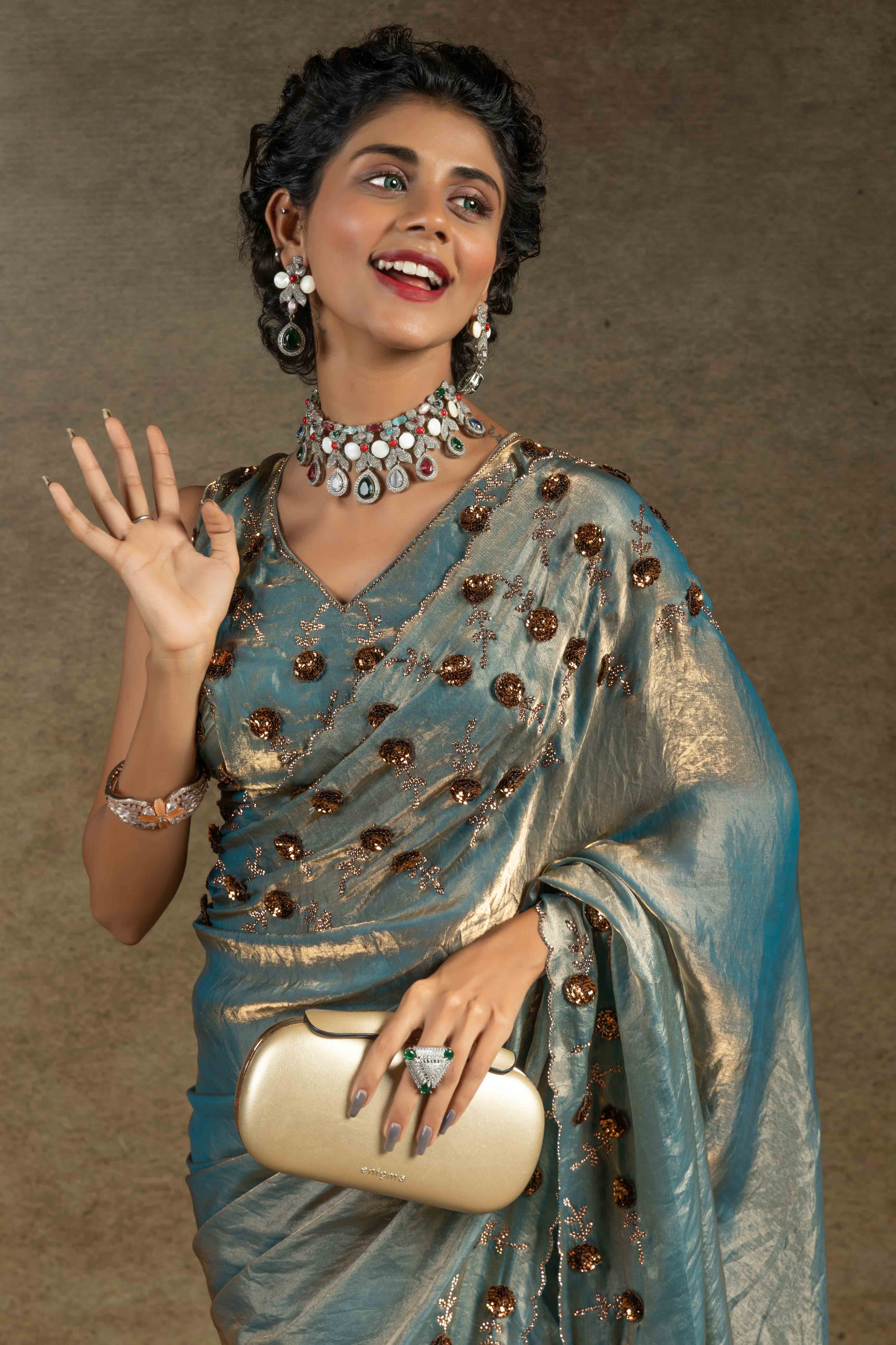Blue Zarkan With Sequin & Beads Work Satin Silk Two Tone Saree