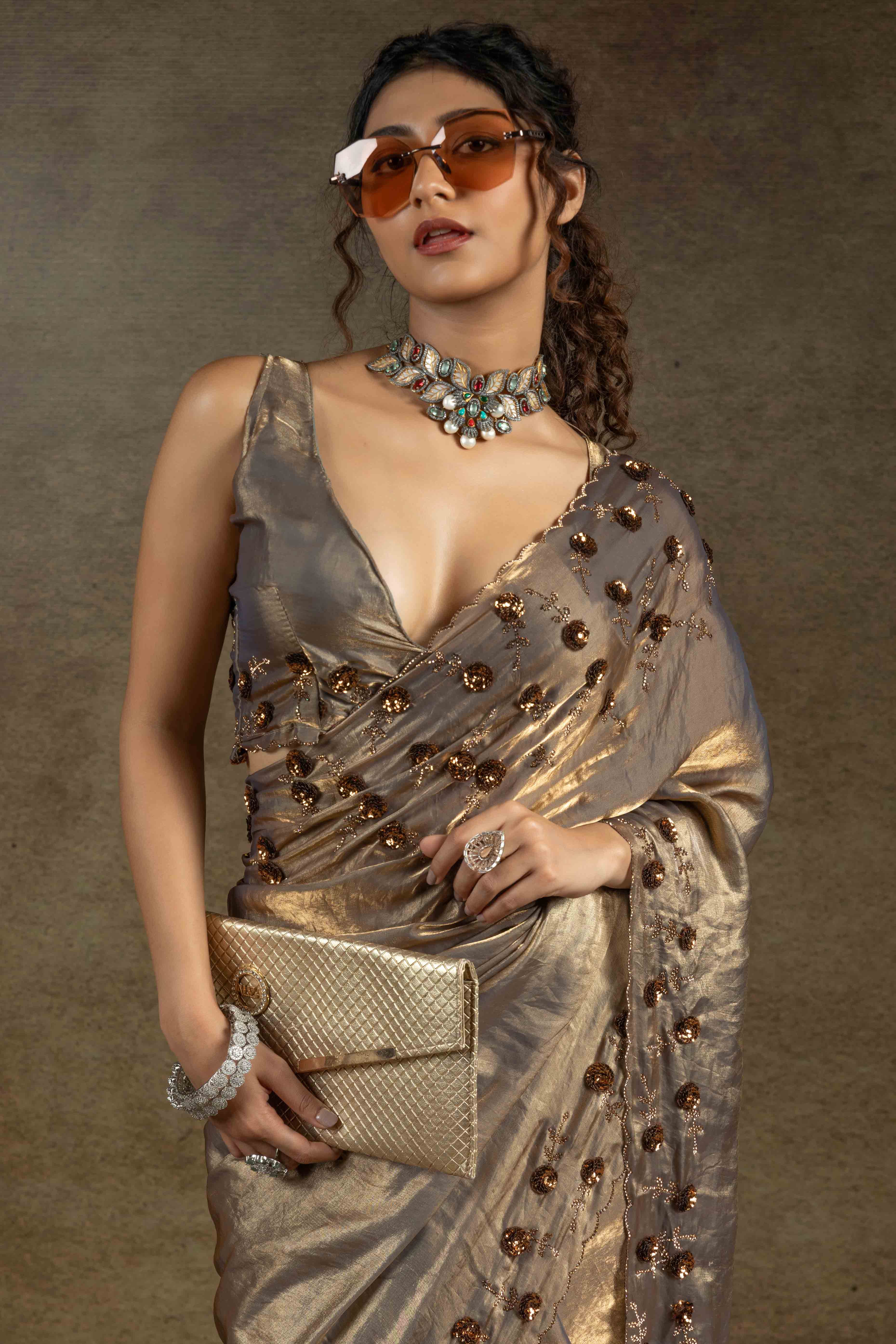 Lava Grey Zarkan With Sequin & Beads Work Satin Silk Two Tone Saree