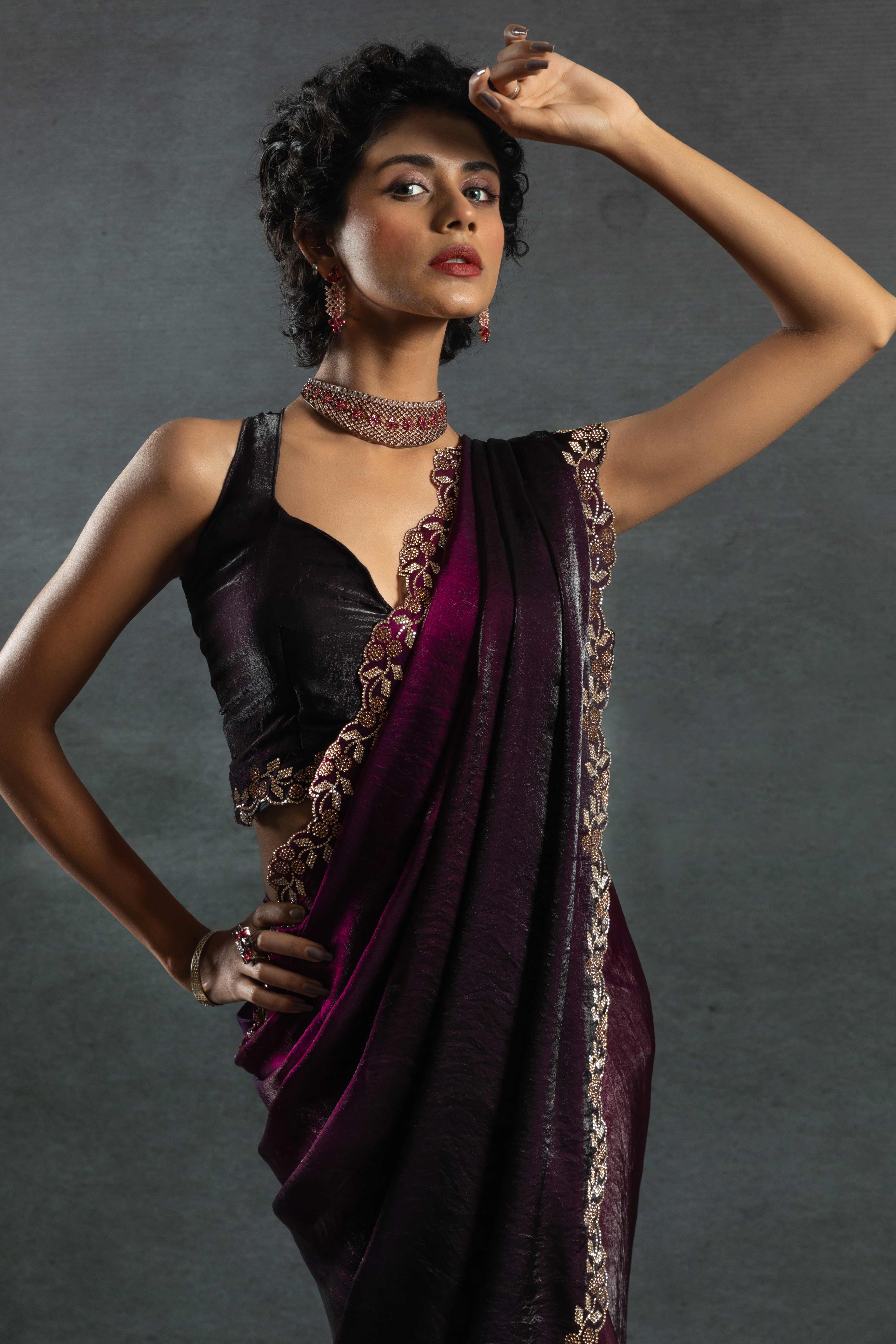 Purple Satin Silk Two Tone Saree with Intricate Zarkan Embellishments