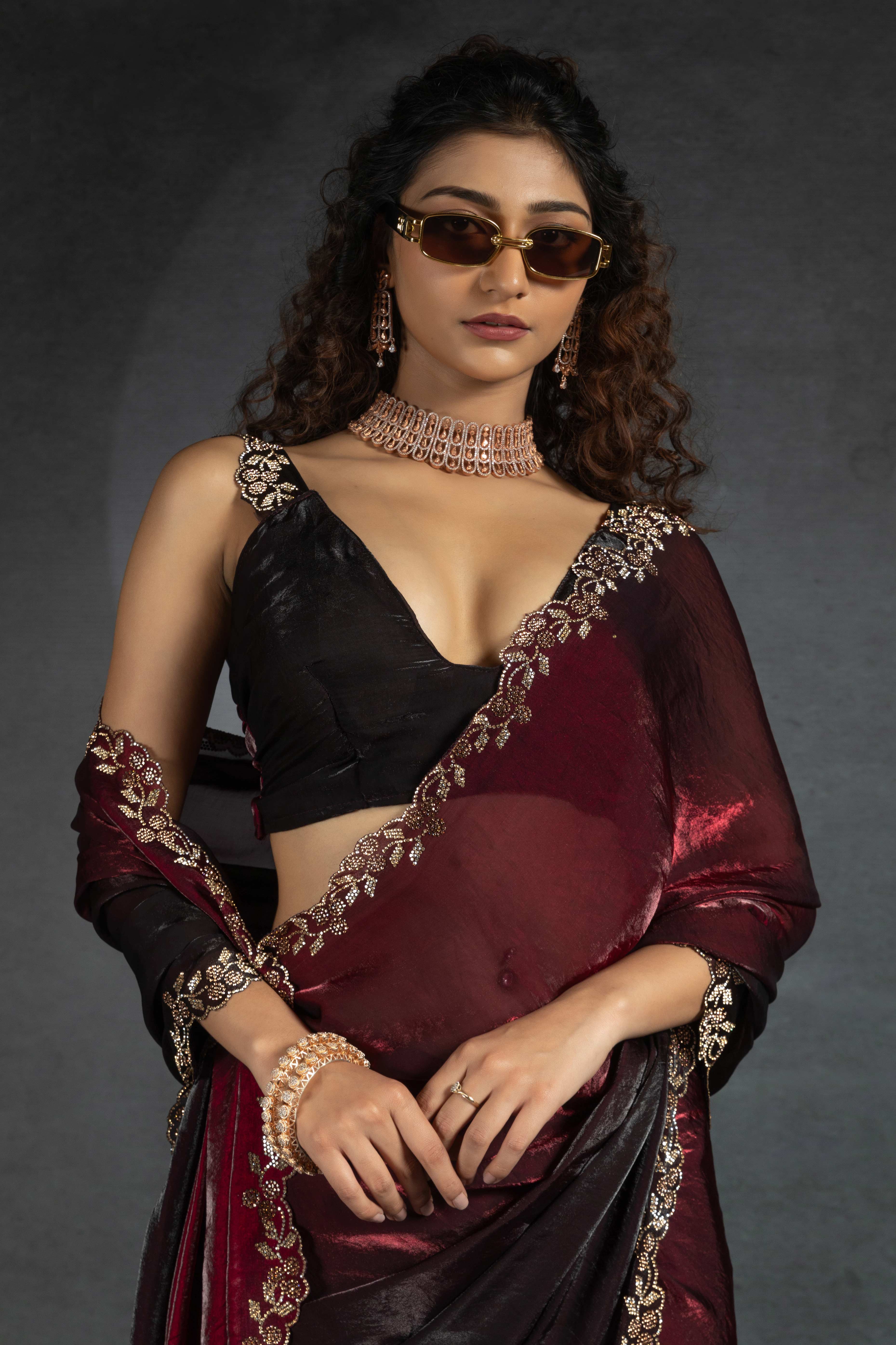 Maroon Satin Silk Two Tone Saree with Intricate Zarkan Embellishments