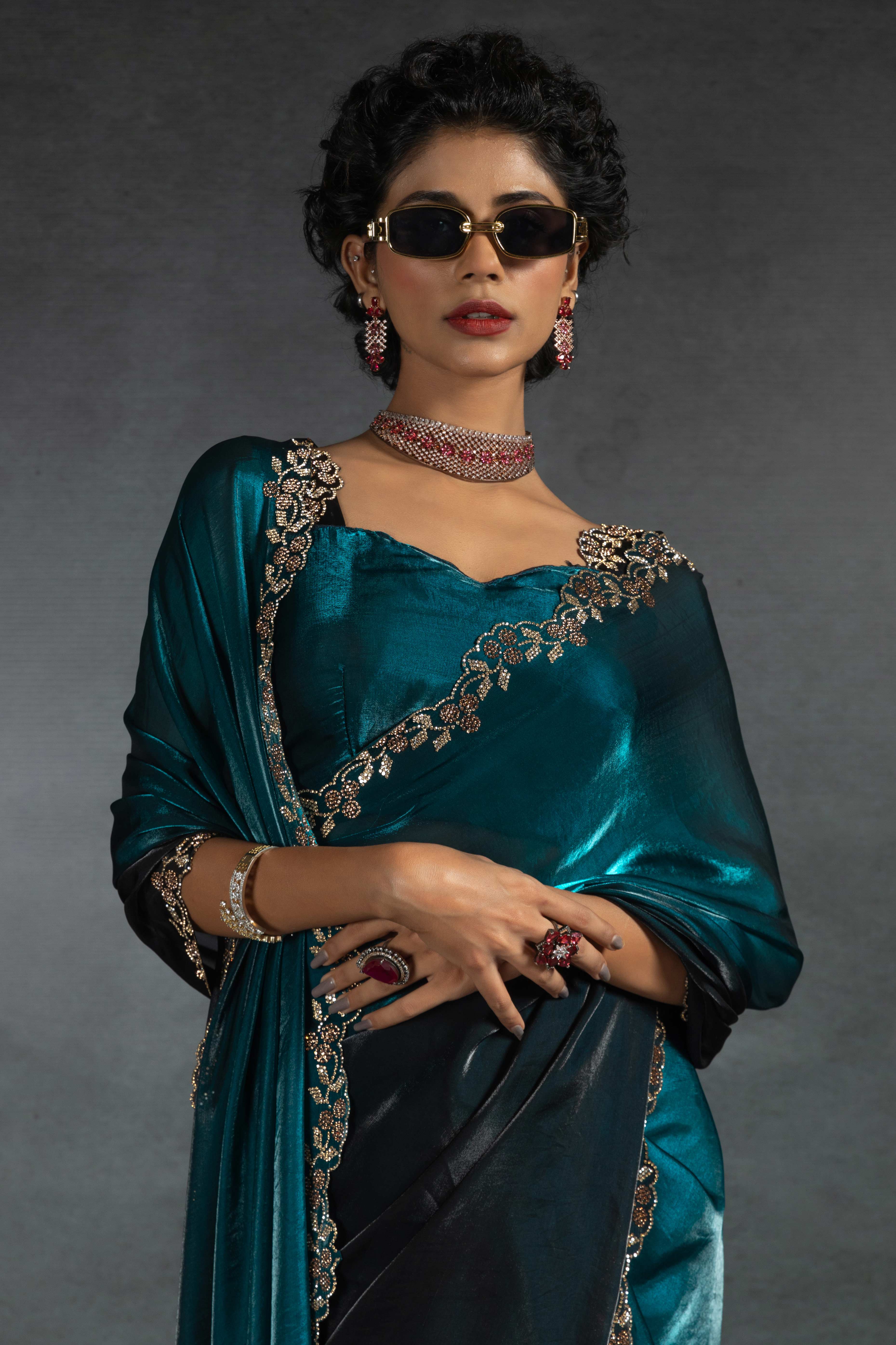 Morpich Blue Satin Silk Two Tone Saree with Intricate Zarkan Embellishments