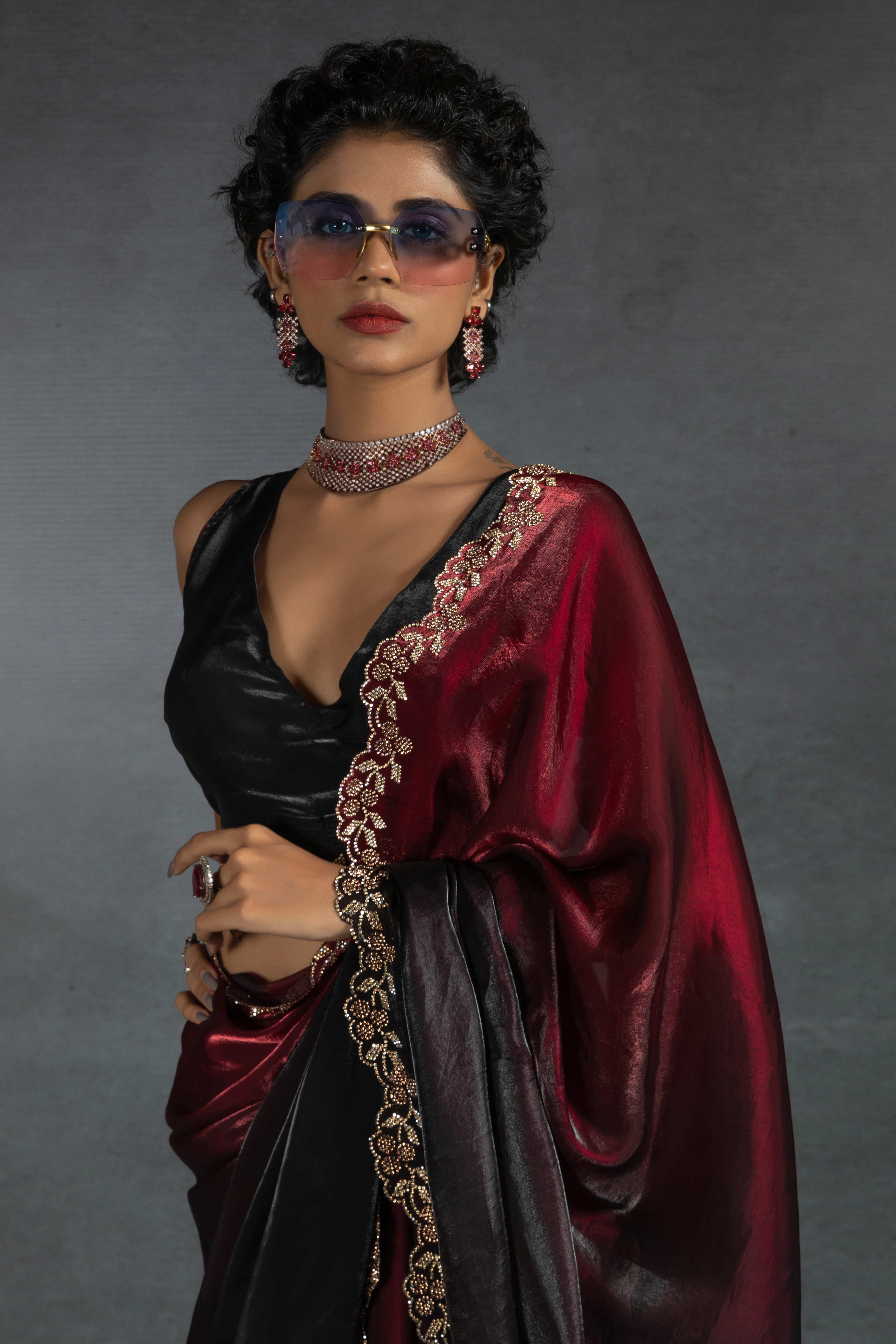 Cherry Red Satin Silk Two Tone Saree with Intricate Zarkan Embellishments