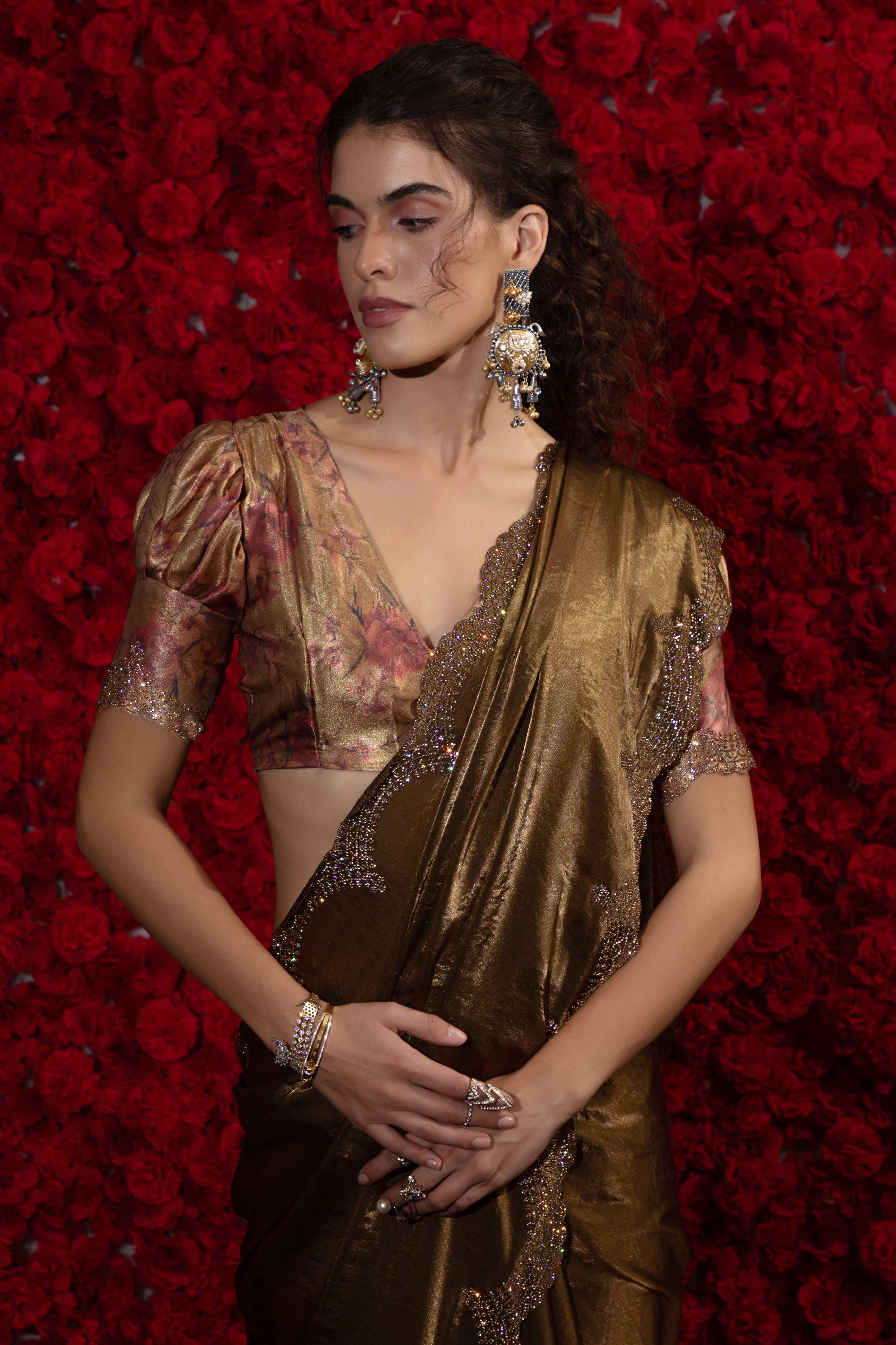 Crushed Satin Silk Embellished Saree in Gold with Sparkling Stone Work