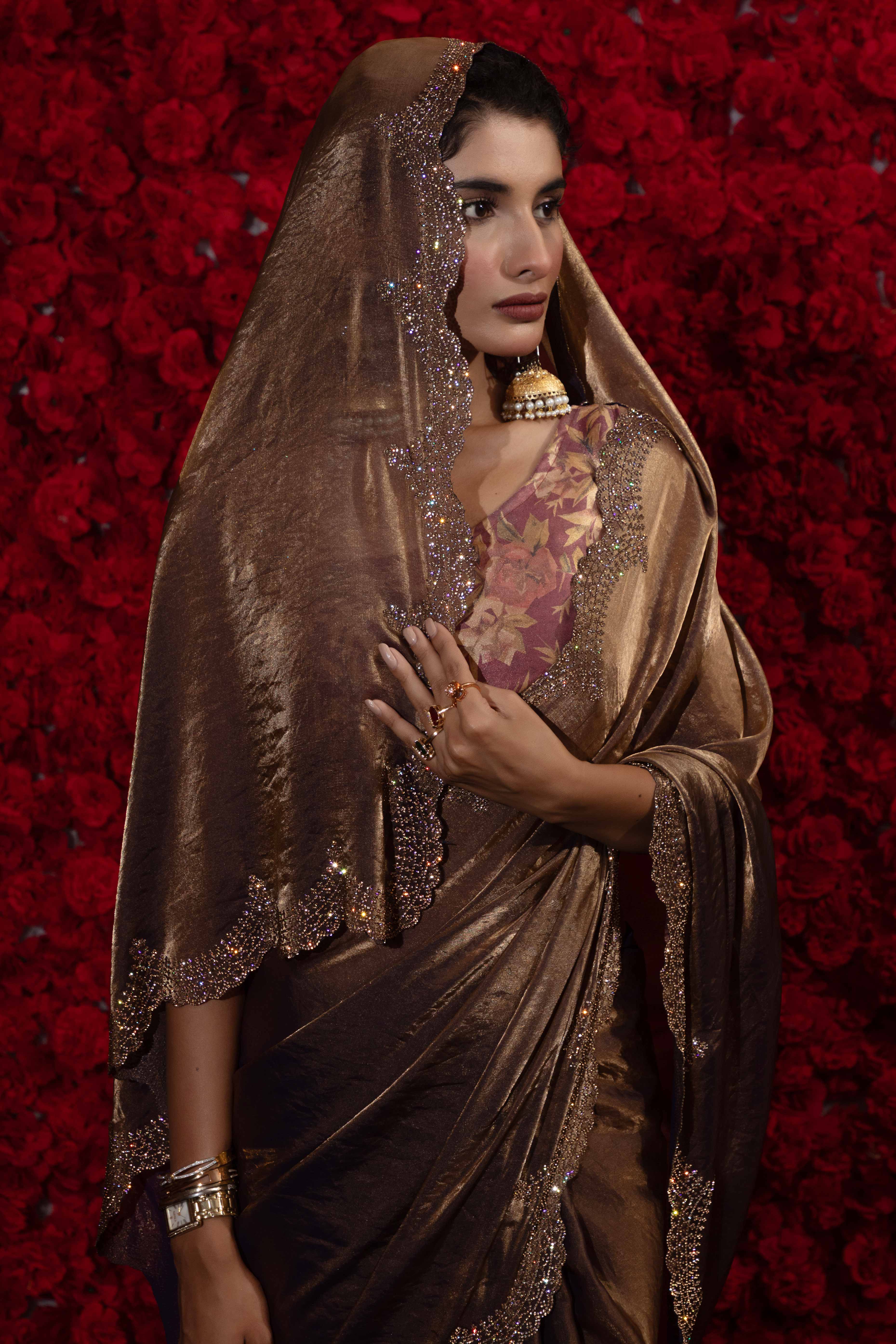 Crushed Satin Silk Embellished Saree in Bronze Brown with Sparkling Stone Work