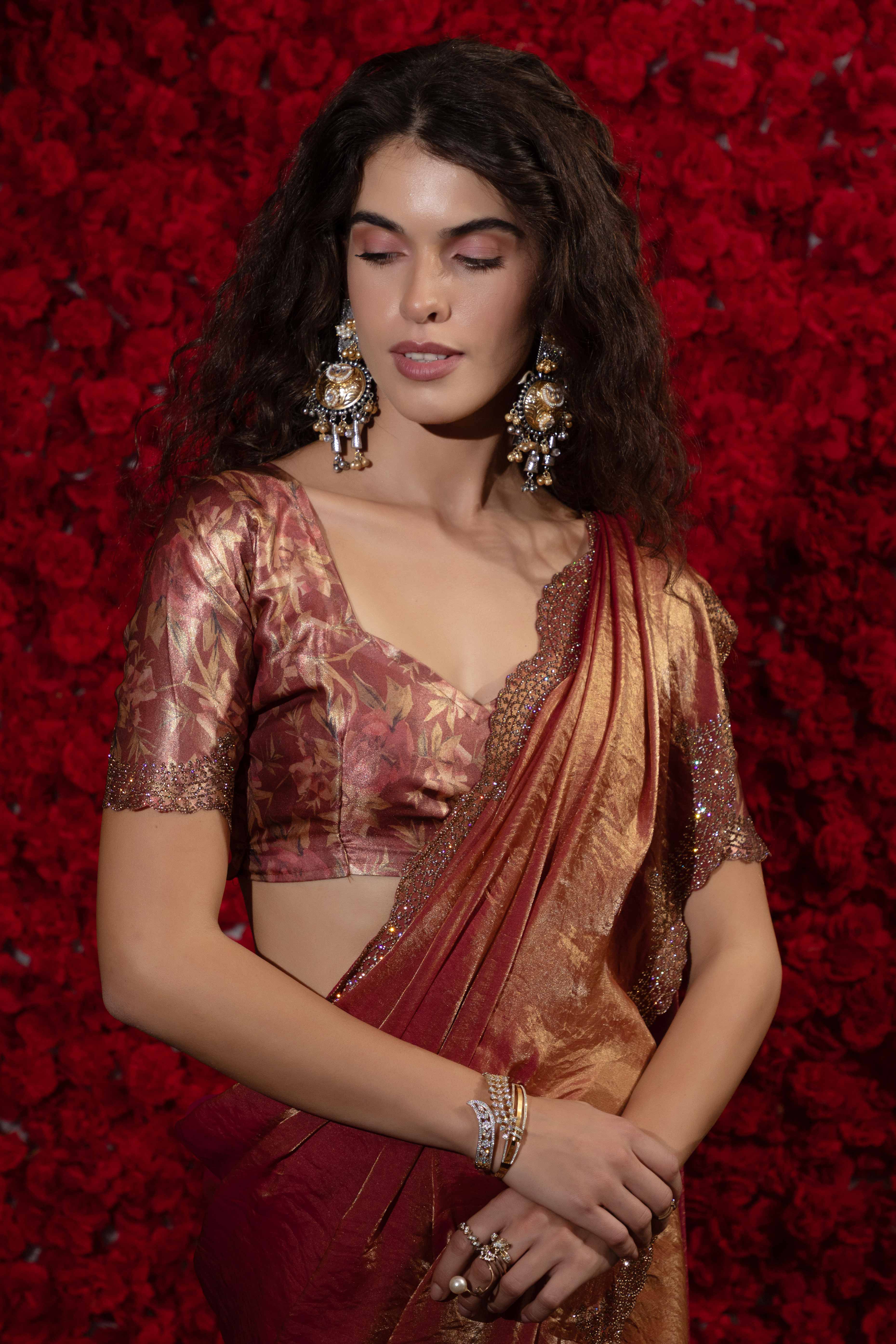 Crushed Satin Silk Embellished Saree in Rust with Sparkling Stone Work