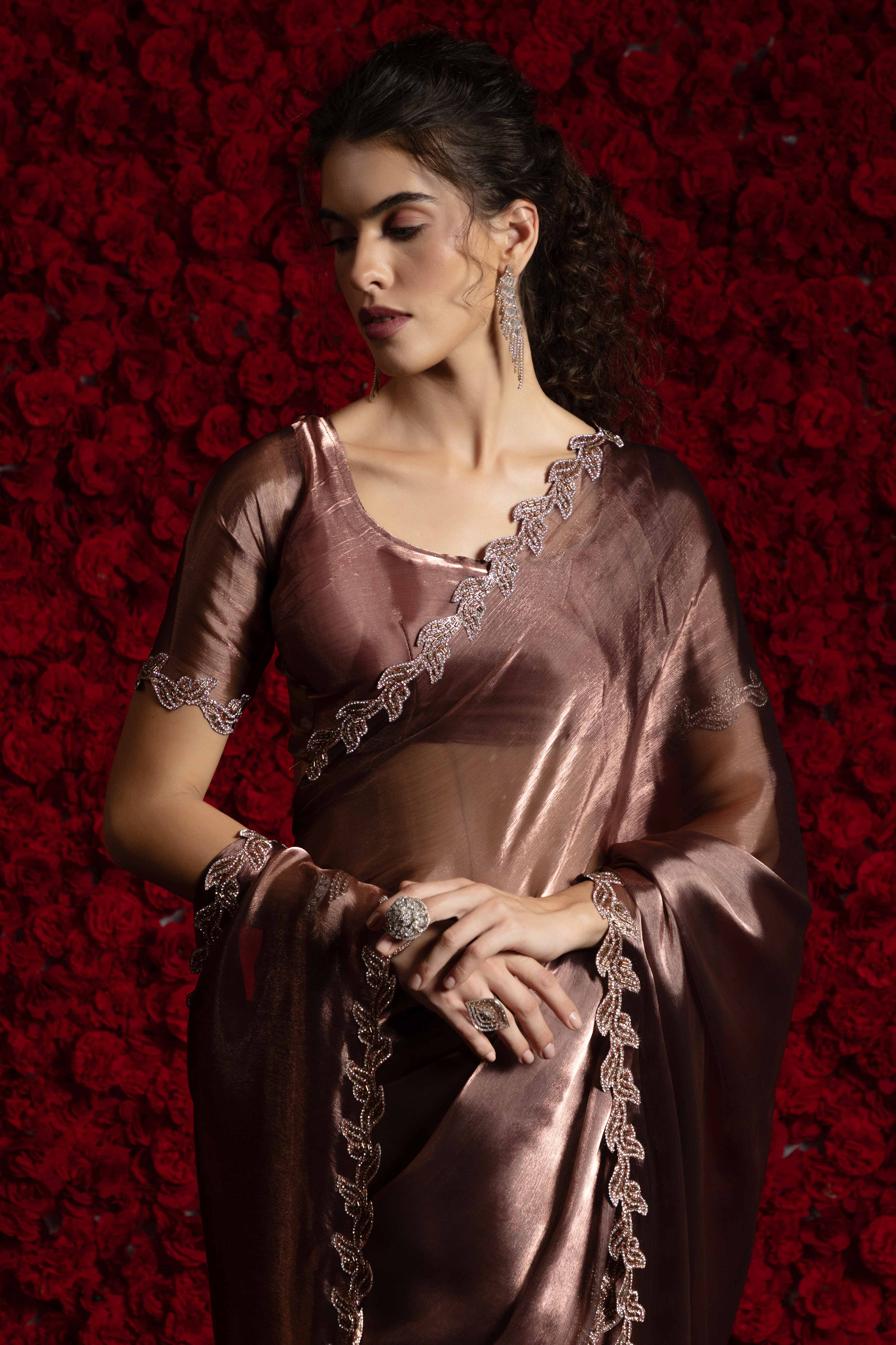 Brown Party Wear Saree Stone Embellished Tissue Chiffon Fabric