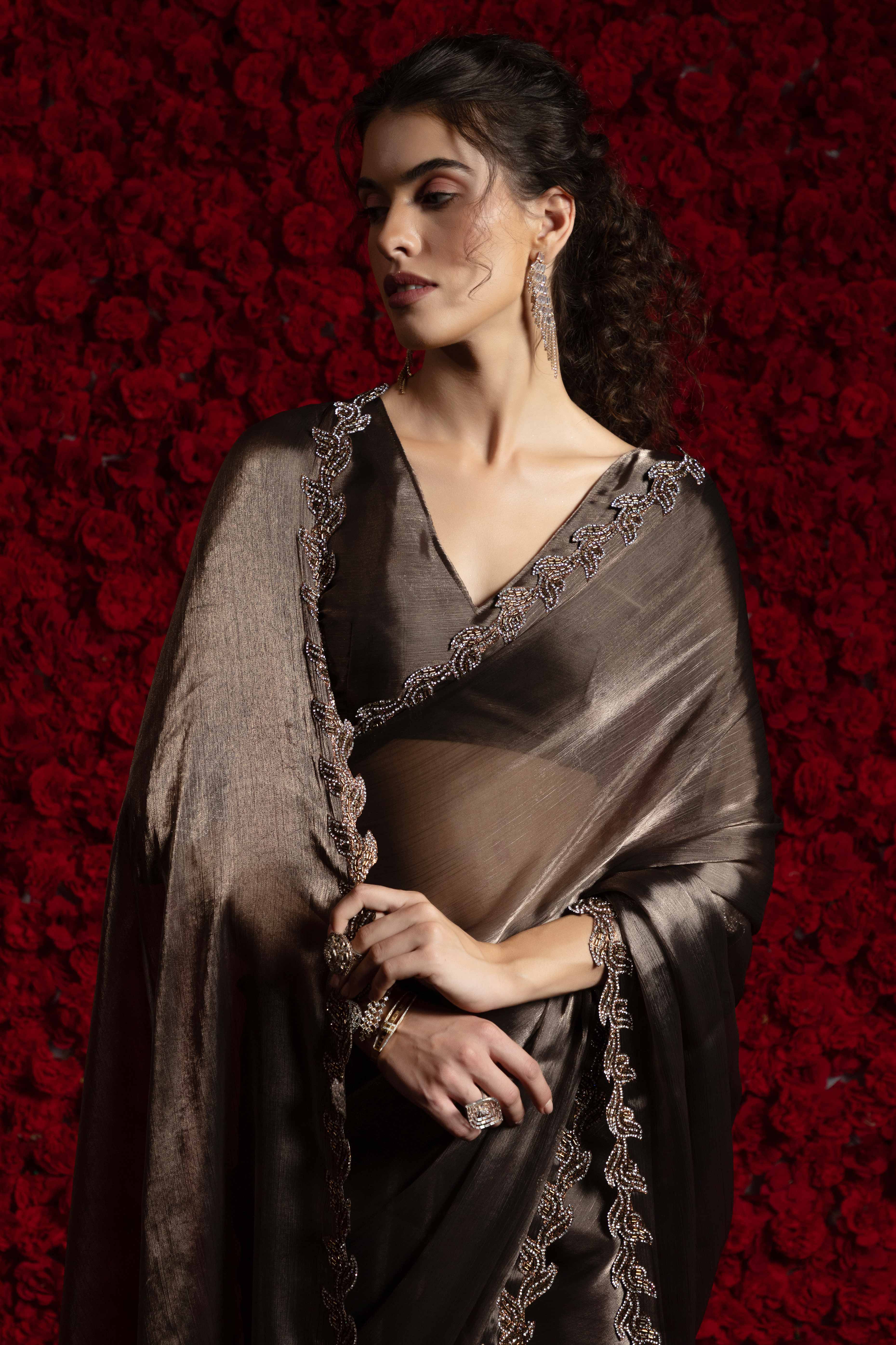 Bronze Brown Party Wear Saree Stone Embellished Tissue Chiffon Fabric