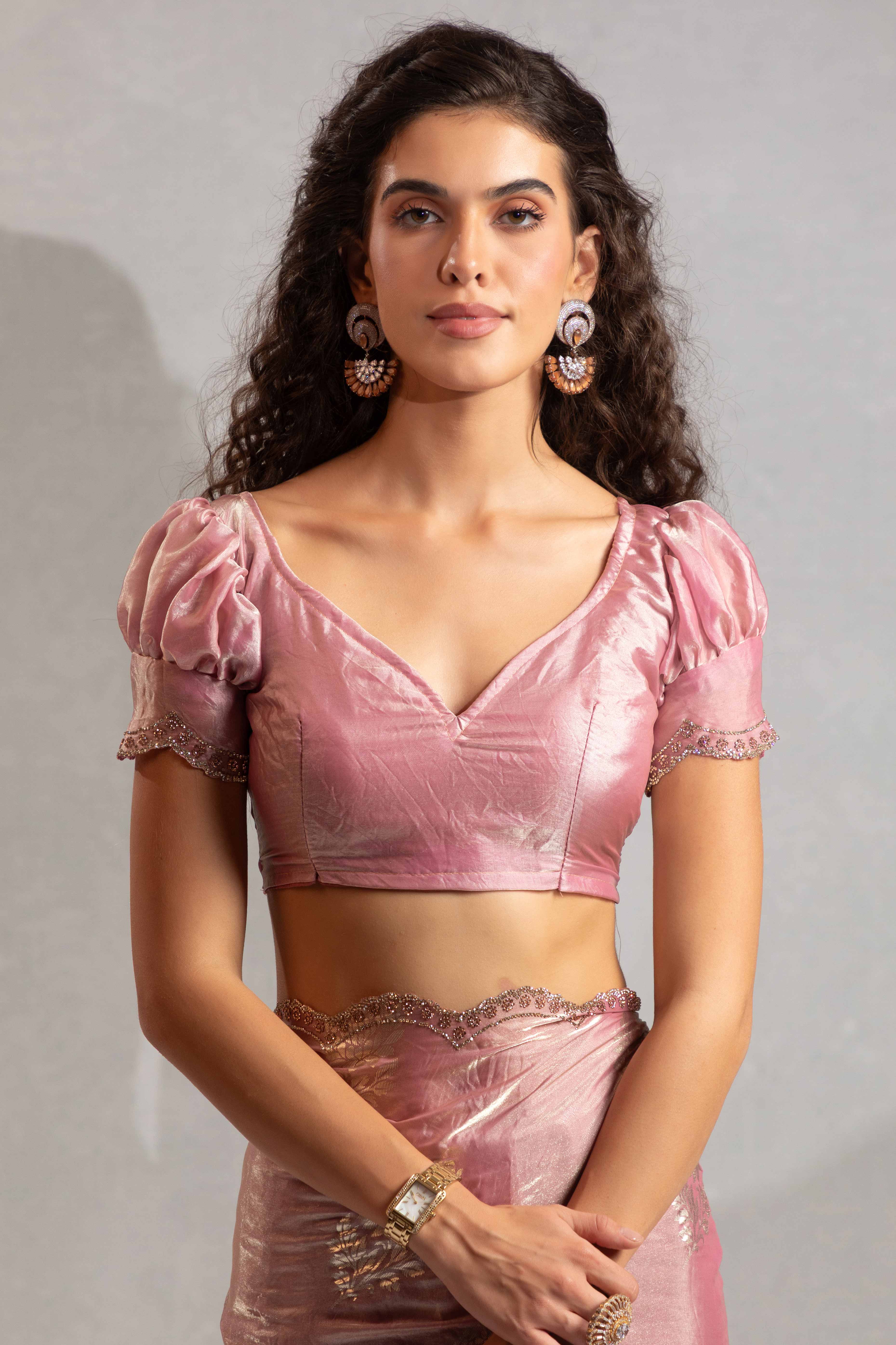 Pink Satin Silk Saree Showcasing Elegant Floral Foil Prints & Dazzling Zarkan Work