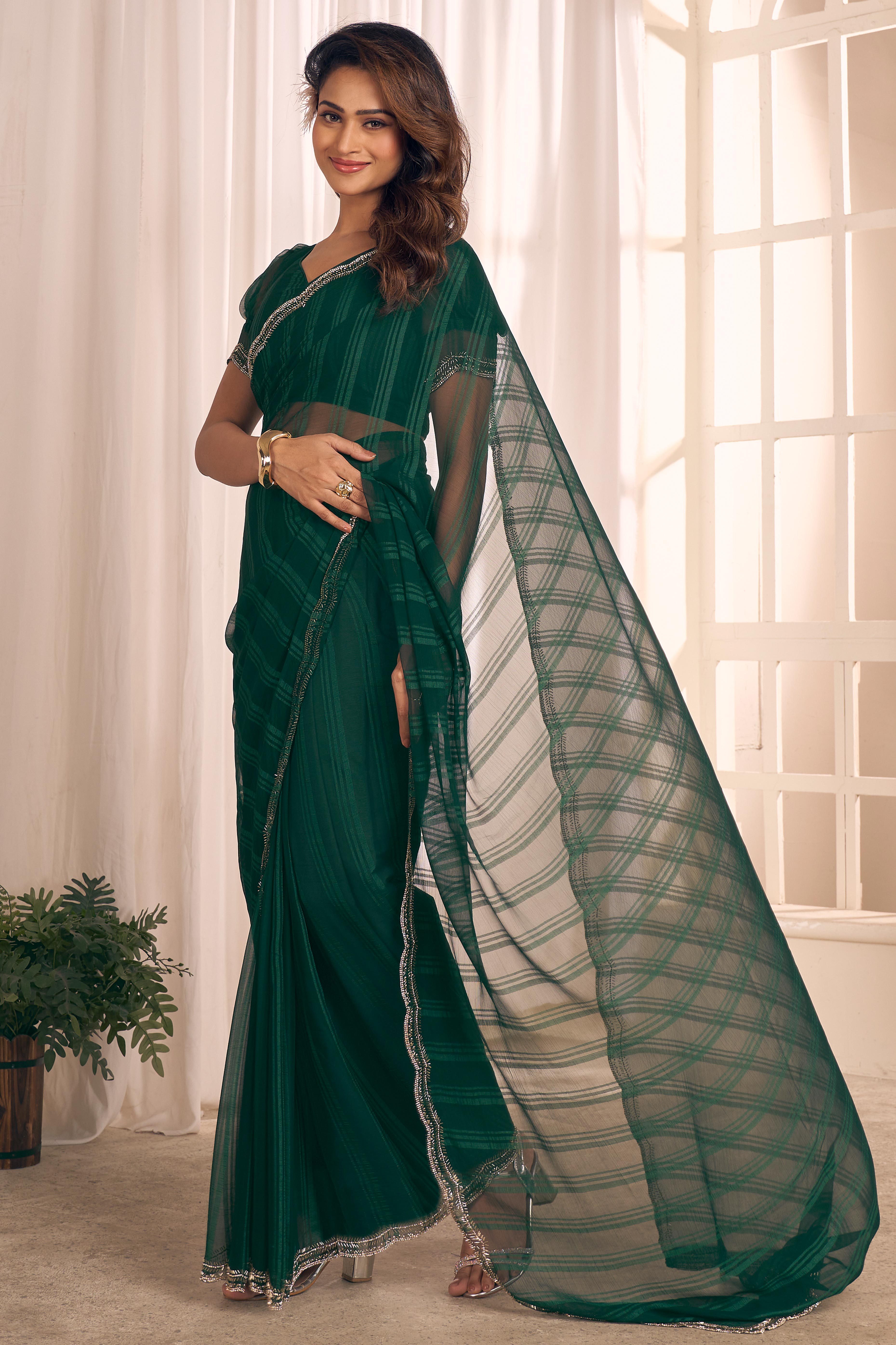 Green Georgette Saree Featuring Contemporary Stripes With A Sparkling Diamond & Beads Work Border