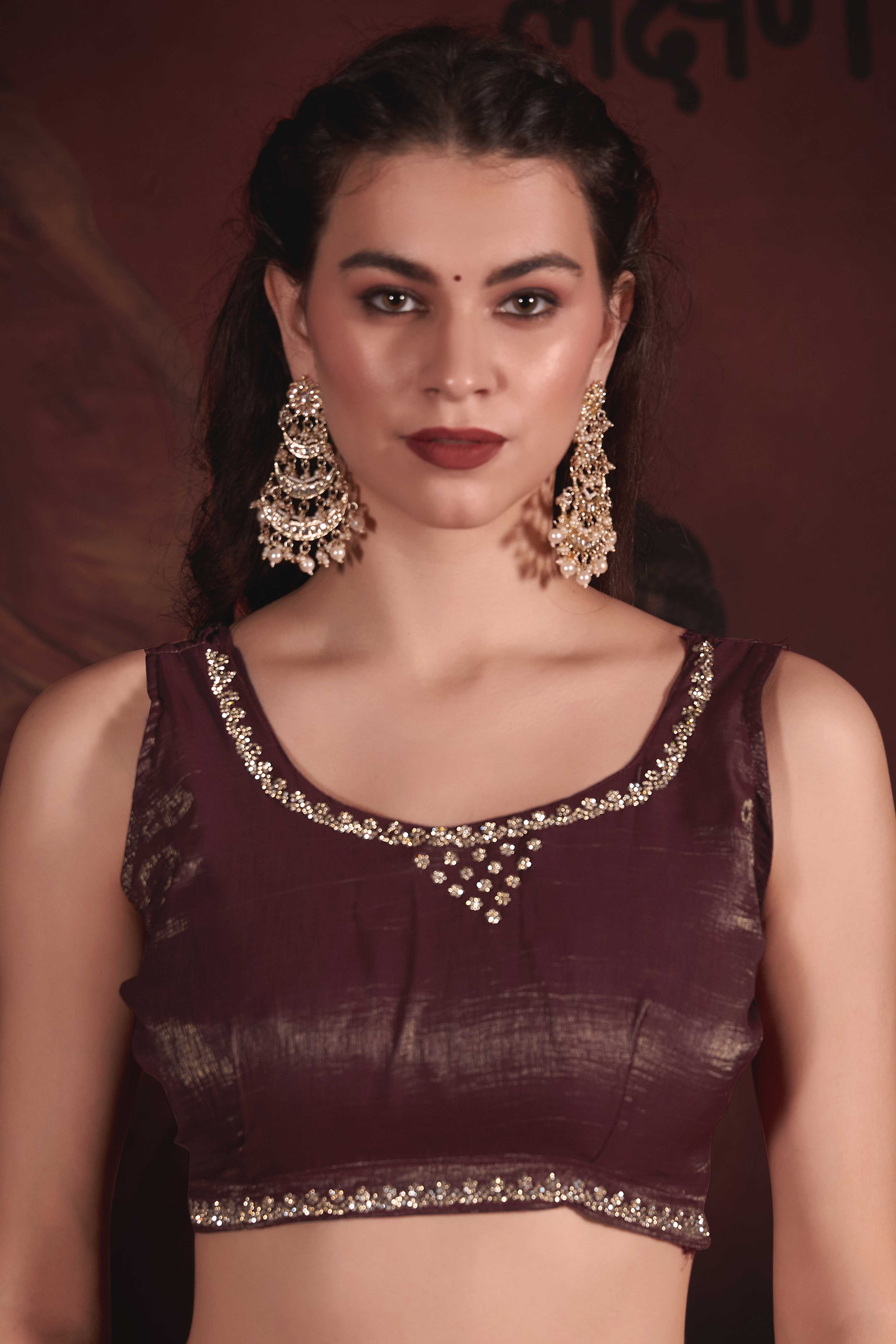 Brown Solid With Zarkan Border Art Silk Saree With Belt