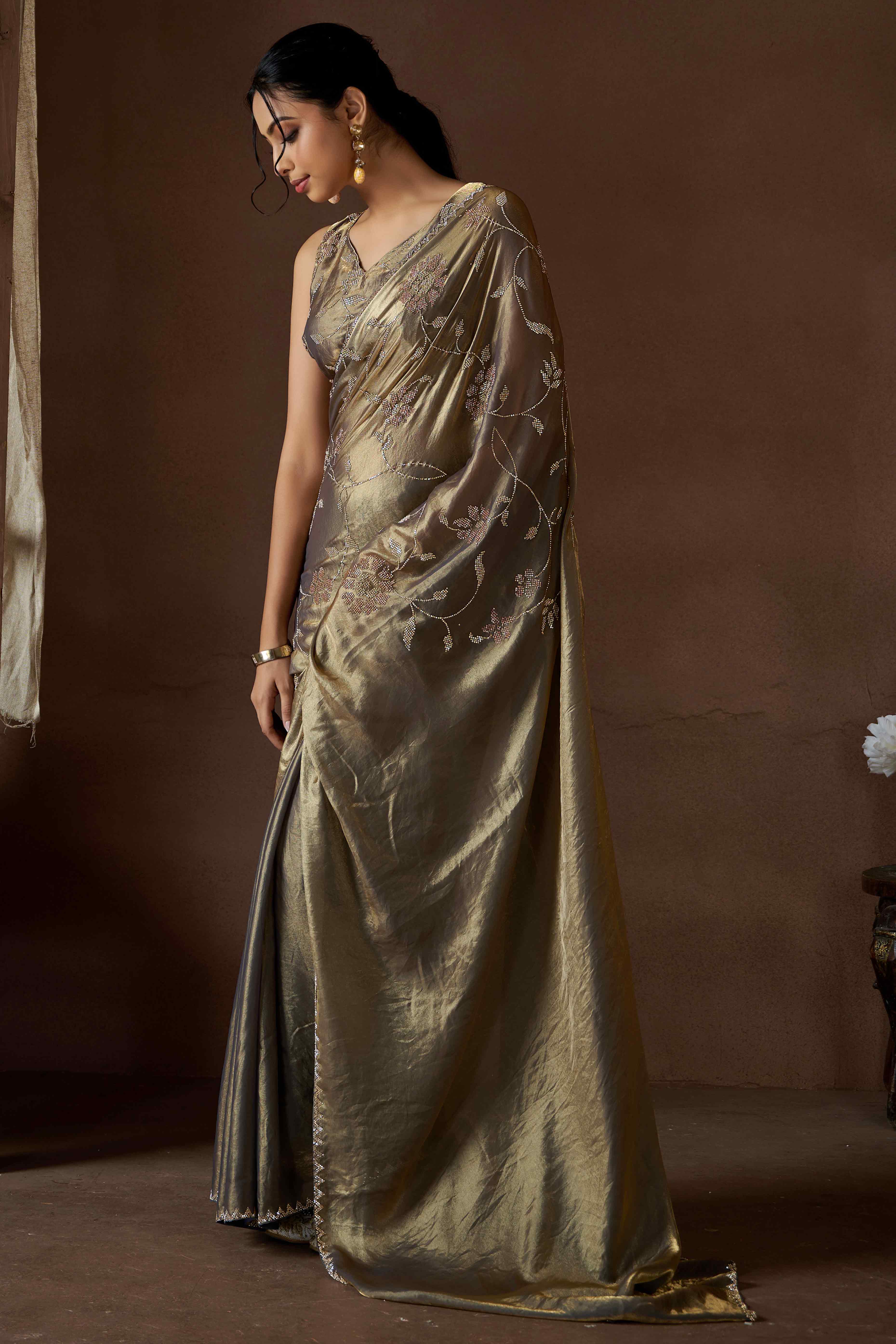 Grey Satin Saree with Exquisite Stone Embellishments