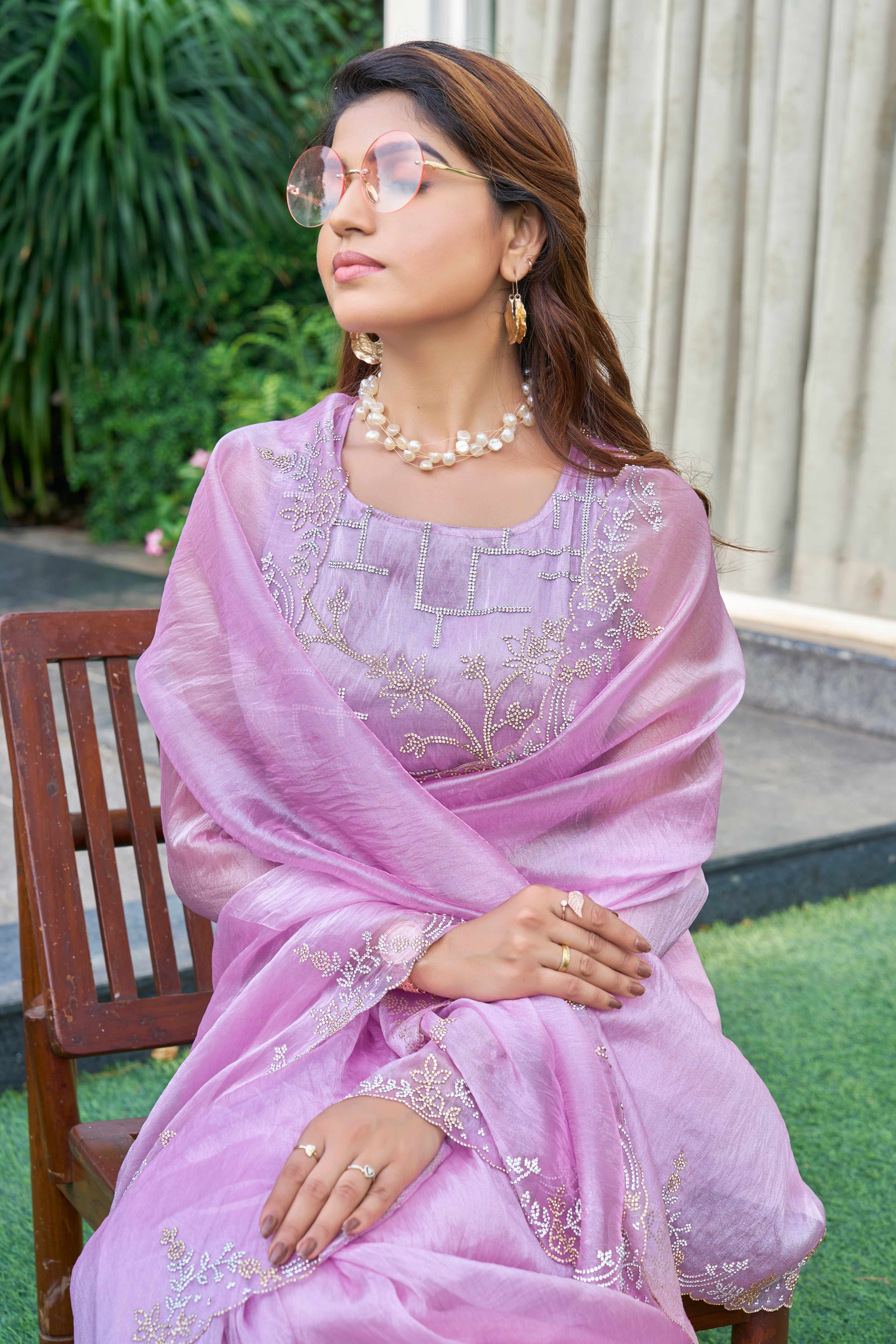 Light Purple Ethereal Organza Saree Adorned with Crystal Embellishments