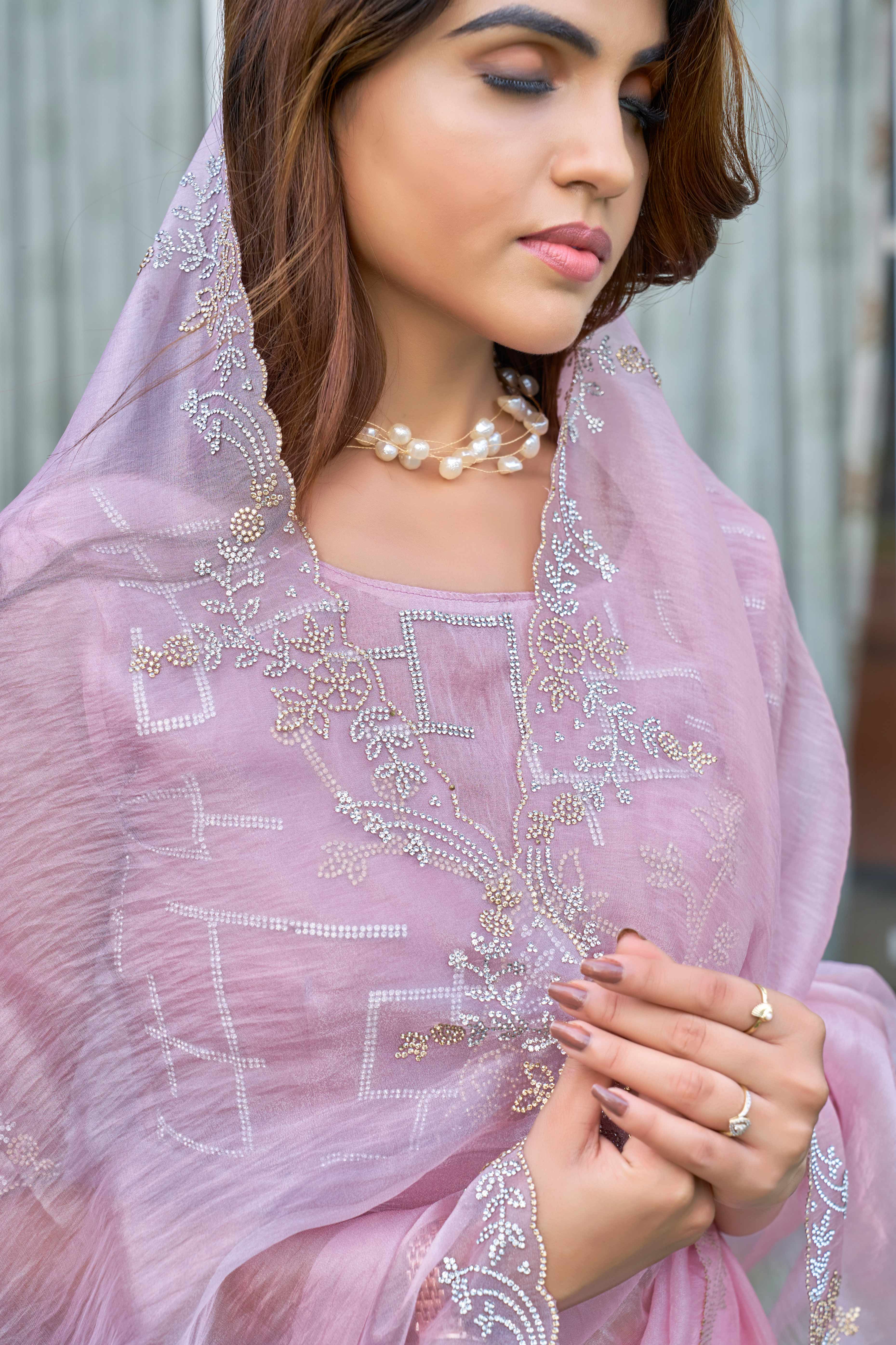 Pink Ethereal Organza Saree Adorned with Crystal Embellishments