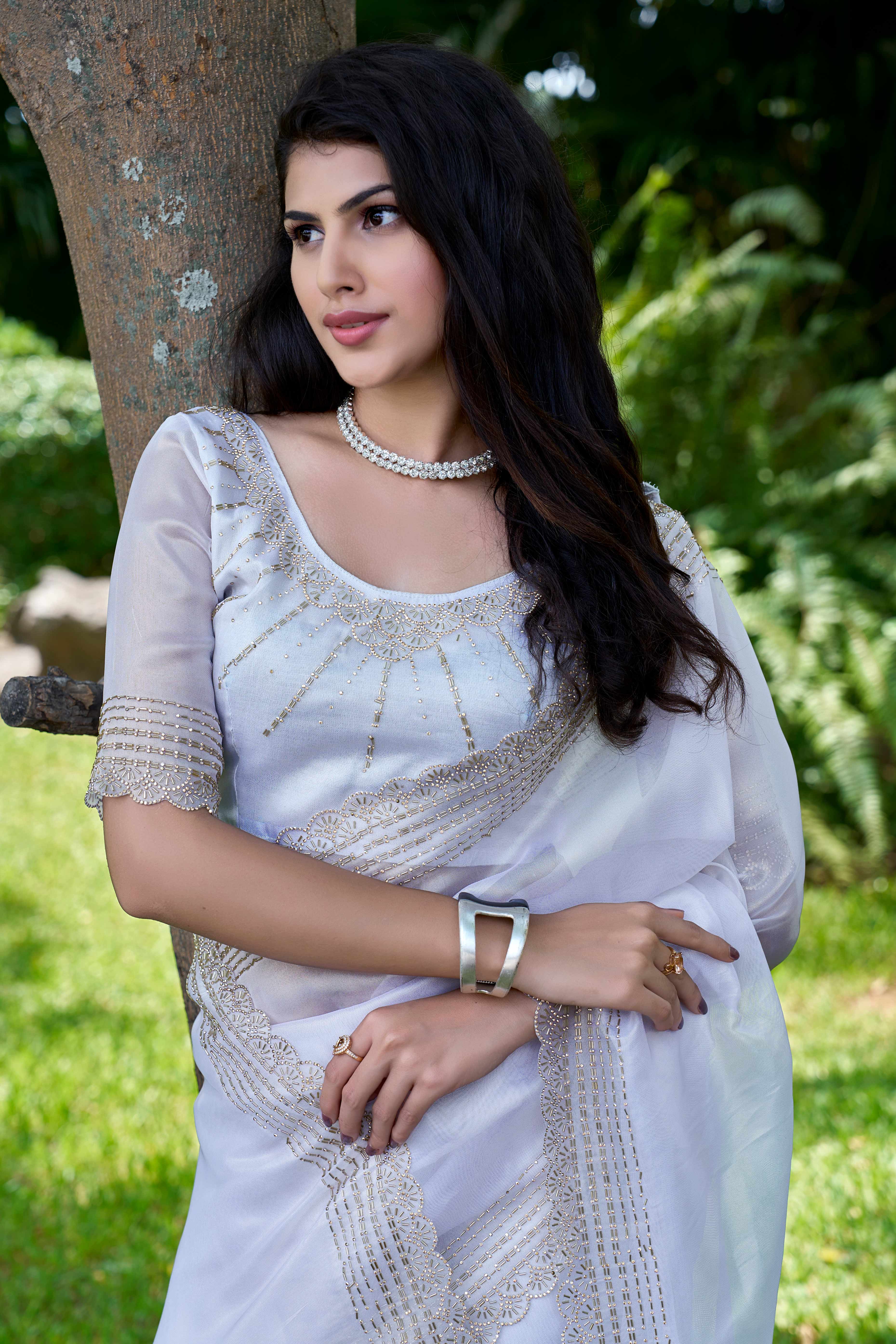 White Soft Organza Saree with Stone Embellishments Work