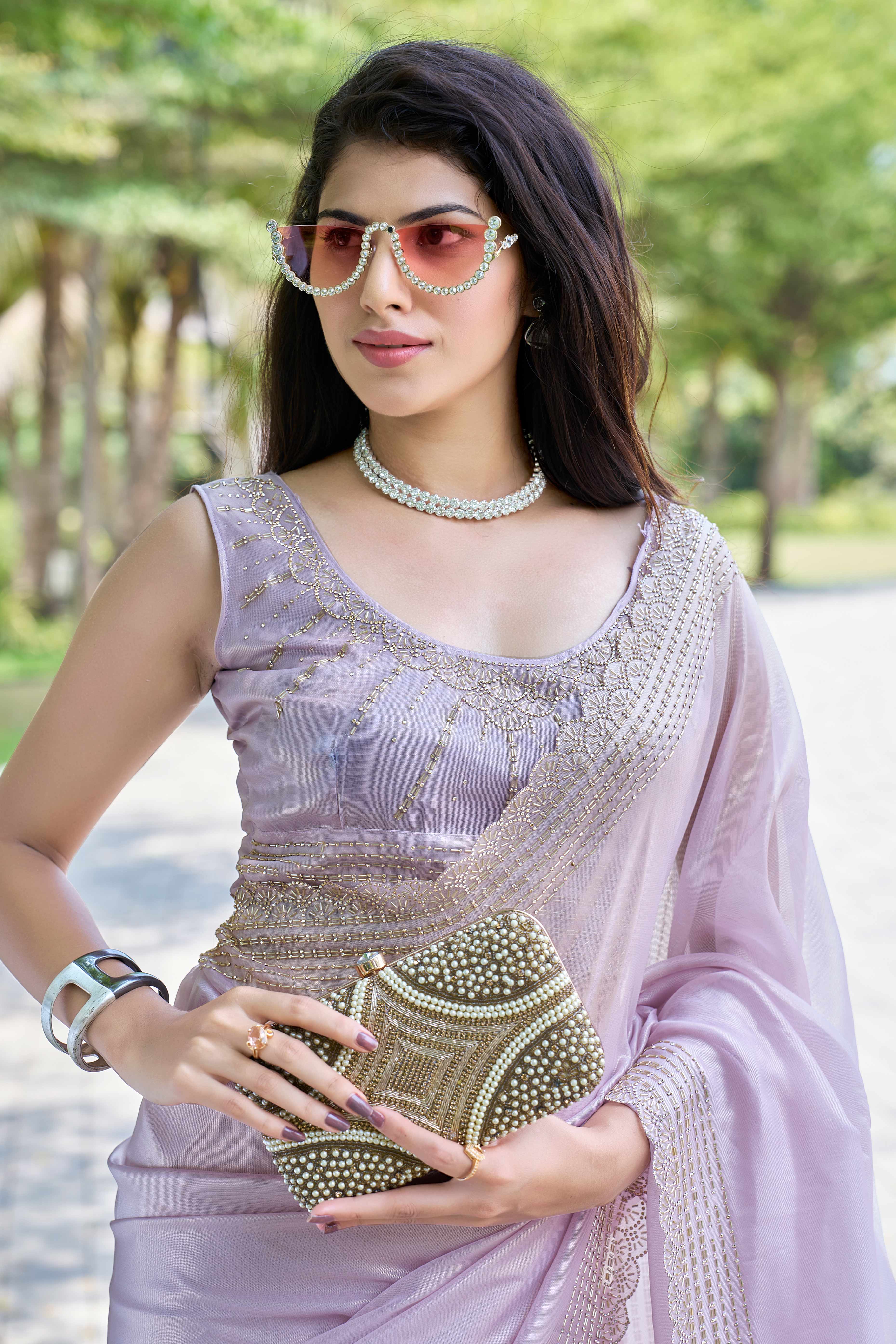 Lavender Soft Organza Saree with Stone Embellishments Work